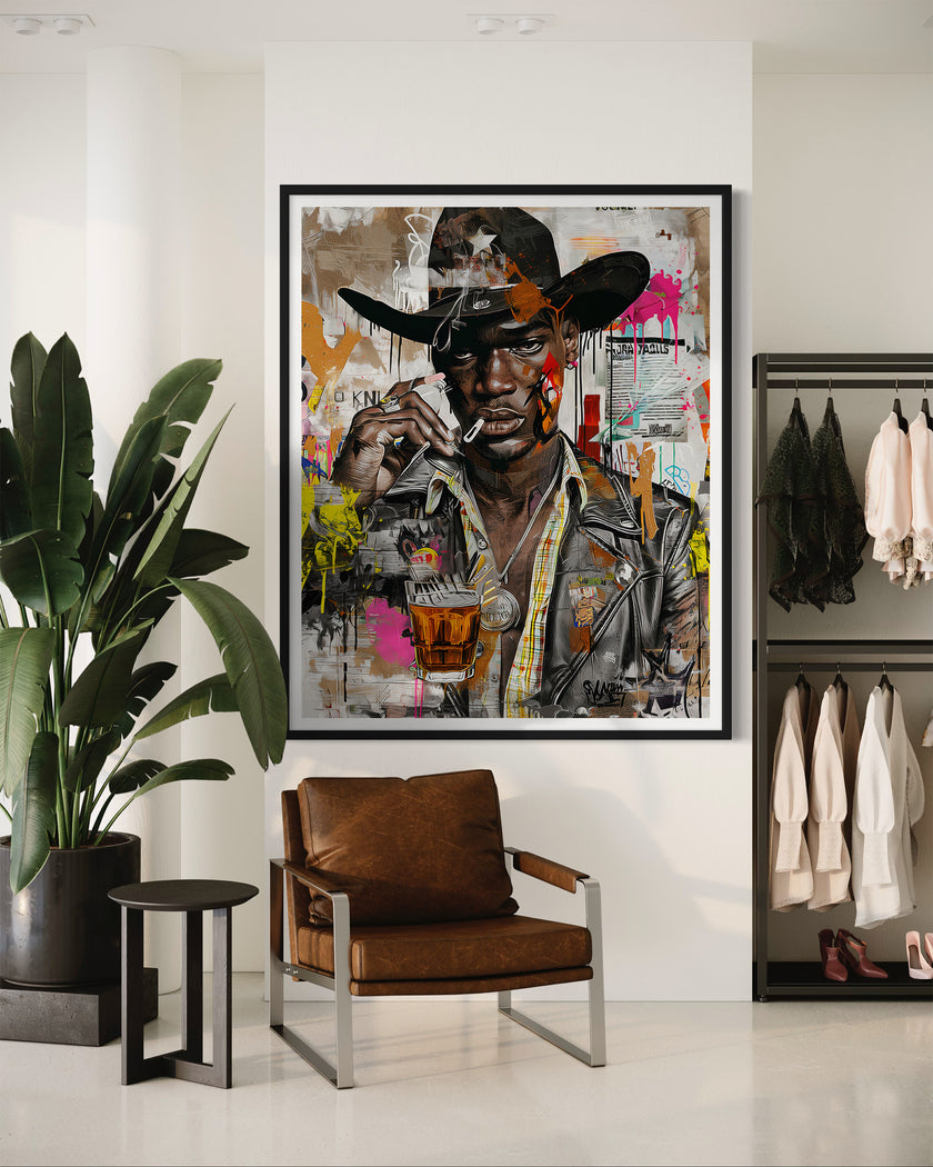 Urban Black Cowboy Art Print featuring a stylish African American cowboy in an edgy graffiti pop art style. Afrocentric Western wall decor with bold colors and textured street art design.
