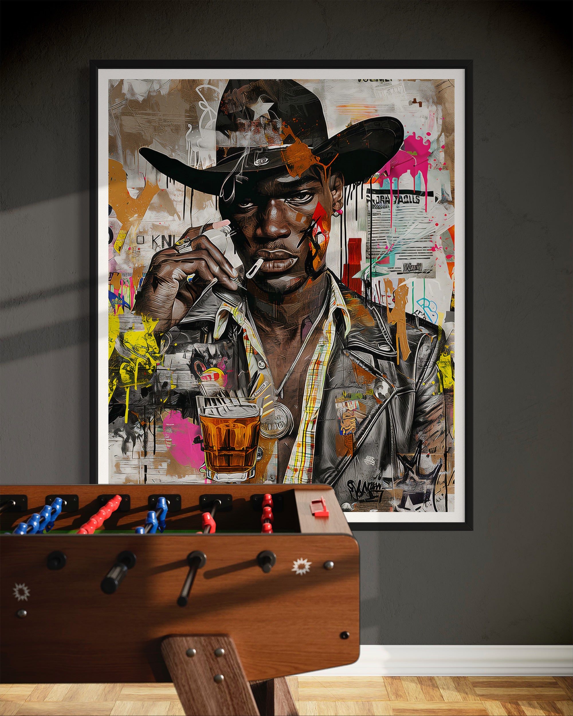 Urban Black Cowboy Art Print featuring a stylish African American cowboy in an edgy graffiti pop art style. Afrocentric Western wall decor with bold colors and textured street art design.