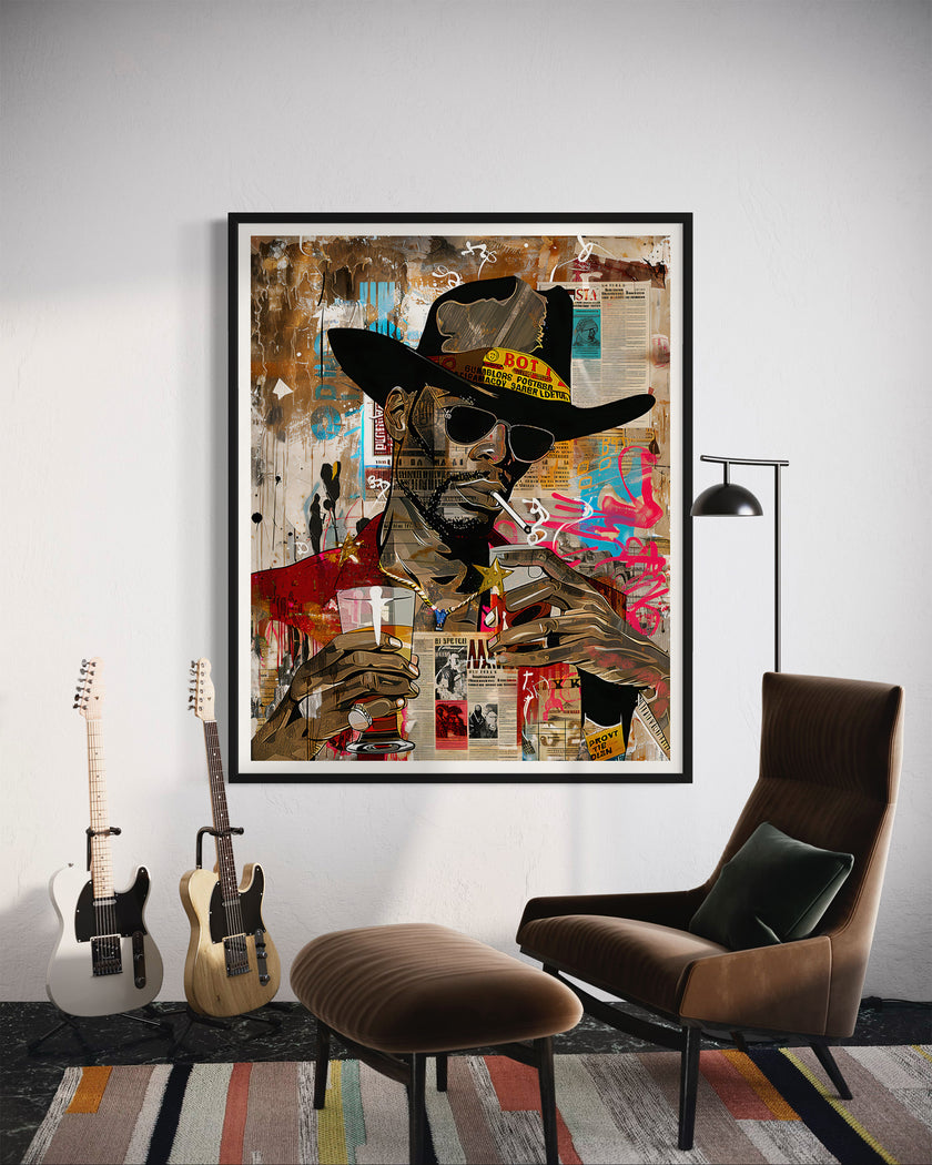 Add bold culture and color to your walls with this African American Cowboy Pop Art Print, featuring a modern graffiti-style design. A powerful Afrocentric artwork that celebrates Western heritage and urban expression.