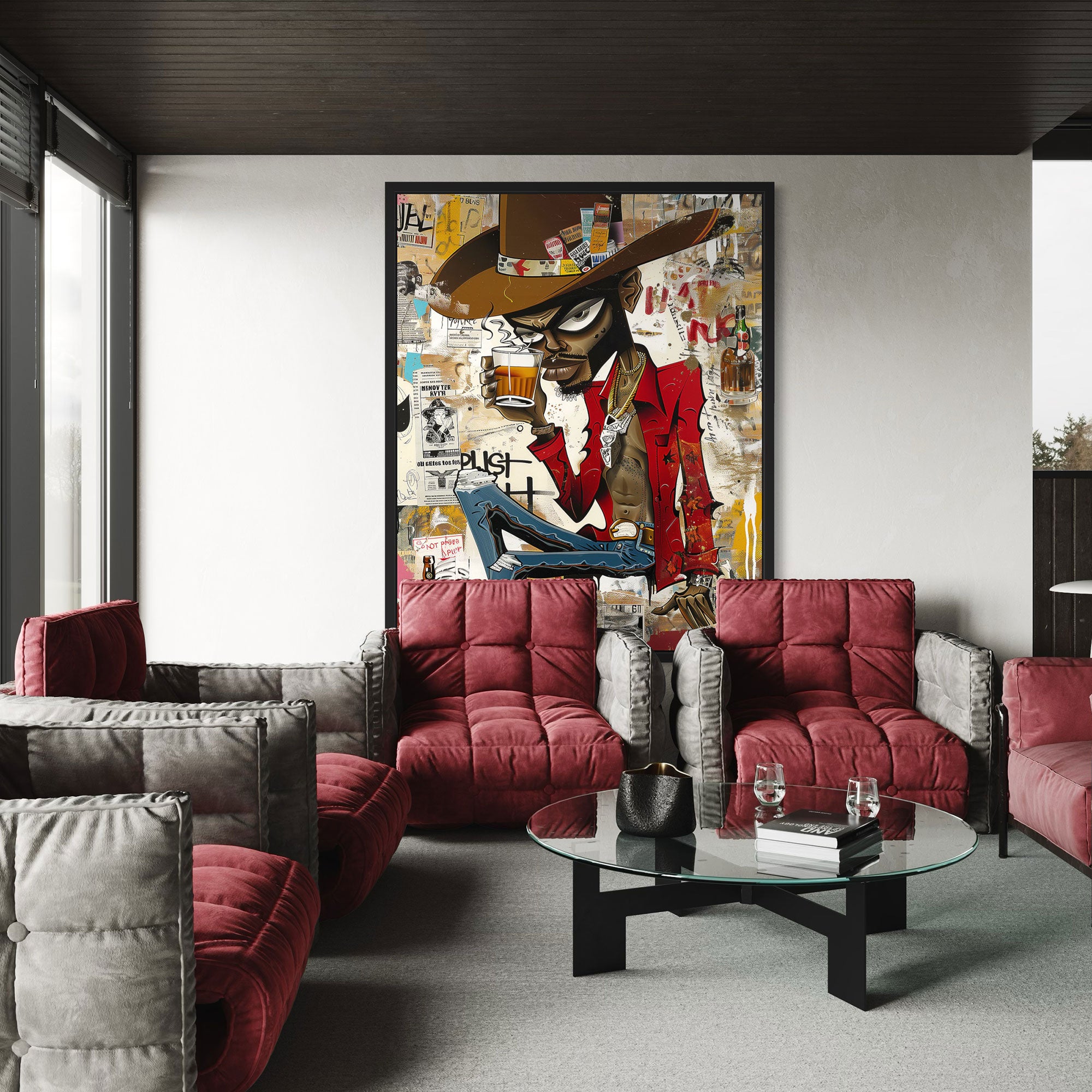 Cartoon Character Urban Black Cowboy Pop Art Print featuring an African American cowboy drinking whiskey. Afrocentric urban Western wall art in bold graffiti-inspired colors and textures.