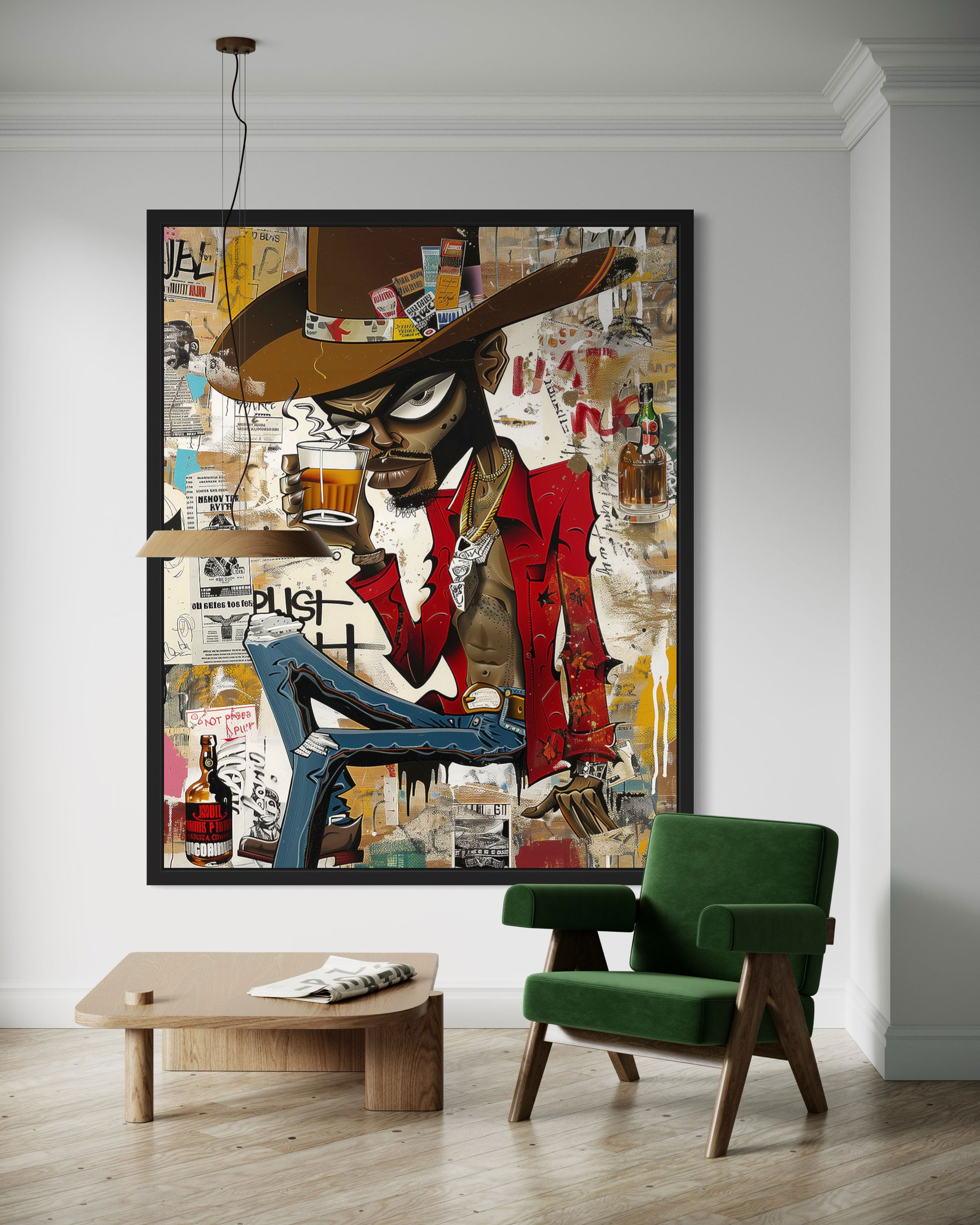 Cartoon Character Urban Black Cowboy Pop Art Print featuring an African American cowboy drinking whiskey. Afrocentric urban Western wall art in bold graffiti-inspired colors and textures.