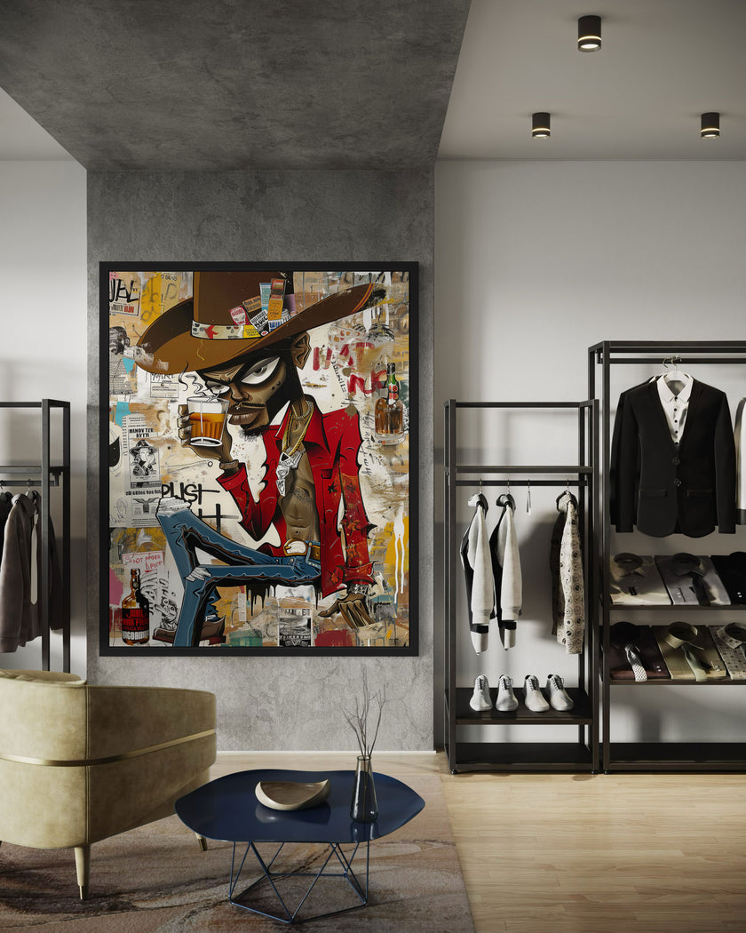 Cartoon Character Urban Black Cowboy Pop Art Print featuring an African American cowboy drinking whiskey. Afrocentric urban Western wall art in bold graffiti-inspired colors and textures.