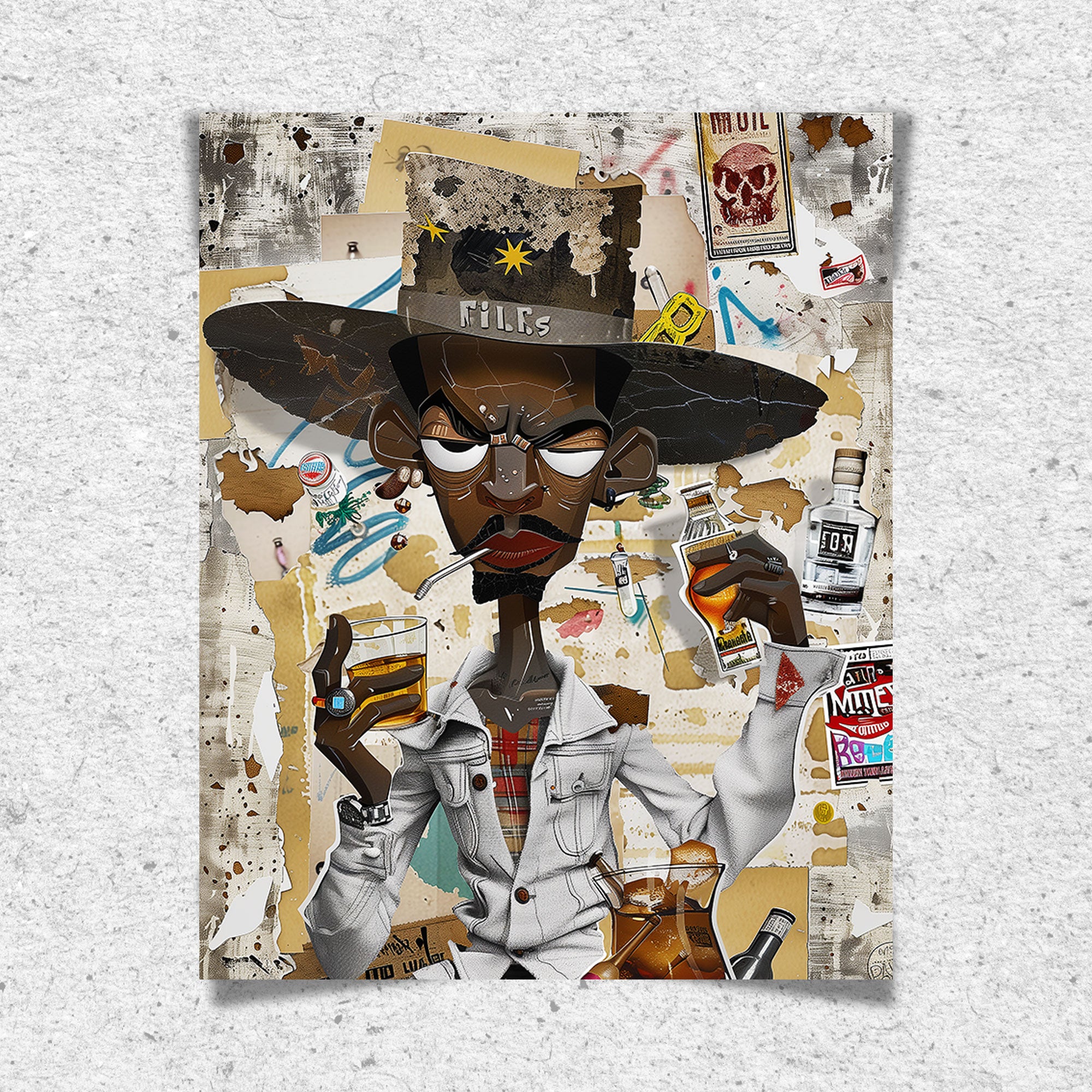 Afrocentric Black Cowboy Pop Art Print featuring an African American cowboy in cartoon style, drinking whiskey and smoking a cigarette. Afrocentric urban Western wall art in bold graffiti-inspired colors and textures.