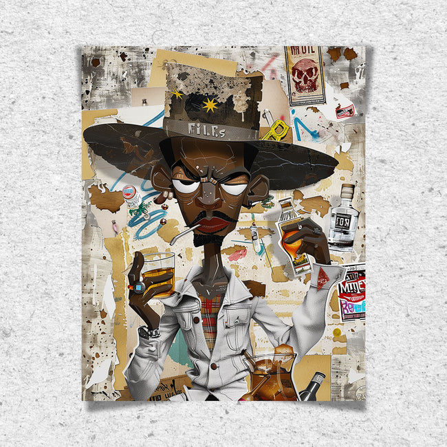 Afrocentric Black Cowboy Pop Art Print featuring an African American cowboy in cartoon style, drinking whiskey and smoking a cigarette. Afrocentric urban Western wall art in bold graffiti-inspired colors and textures.