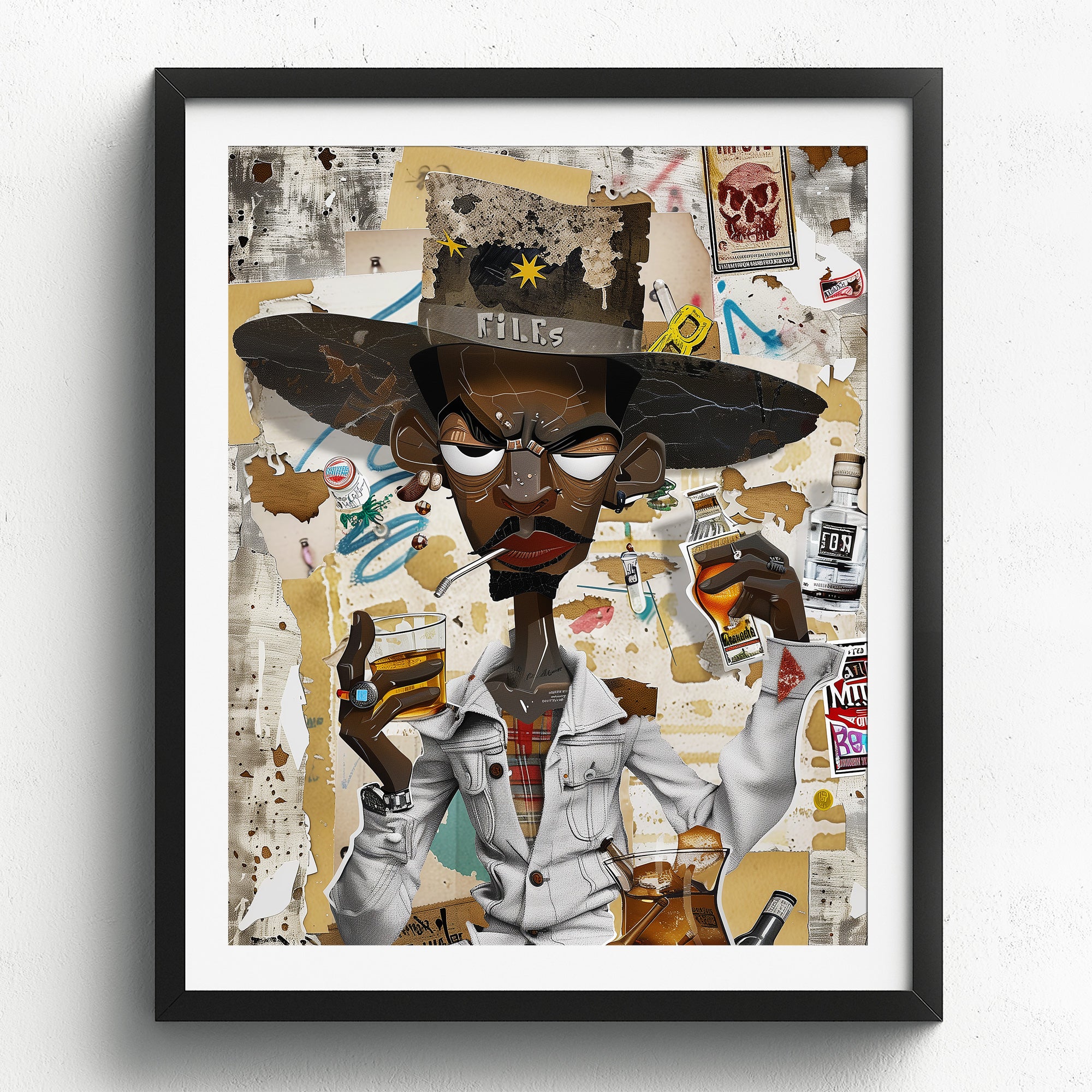 Afrocentric Black Cowboy Pop Art Print featuring an African American cowboy in cartoon style, drinking whiskey and smoking a cigarette. Afrocentric urban Western wall art in bold graffiti-inspired colors and textures.