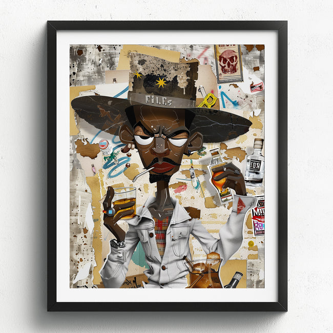 Afrocentric Black Cowboy Pop Art Print featuring an African American cowboy in cartoon style, drinking whiskey and smoking a cigarette. Afrocentric urban Western wall art in bold graffiti-inspired colors and textures.
