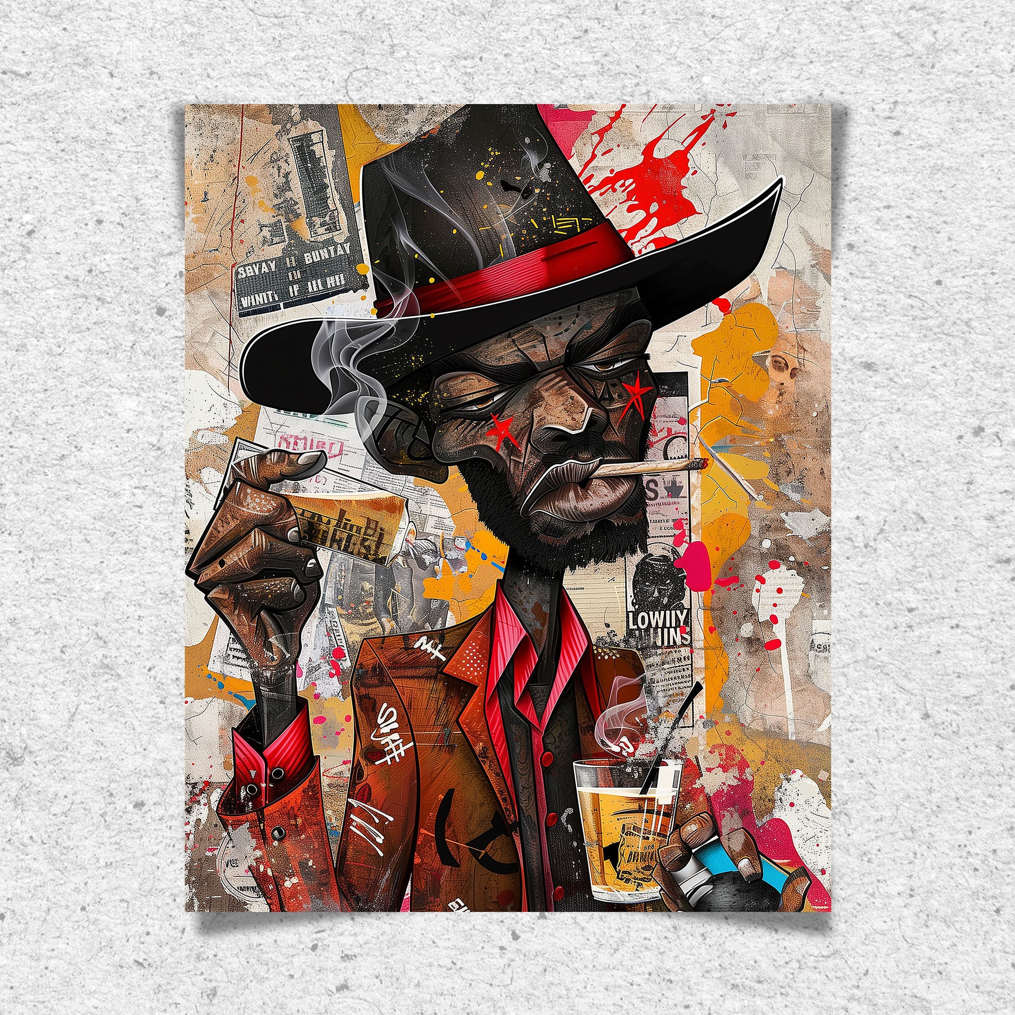 Black Cowboy Graffiti Pop Art Print featuring an African American cowboy in cartoon style, drinking whiskey and smoking a cigarette. Afrocentric urban Western wall art in bold graffiti-inspired colors and textures.