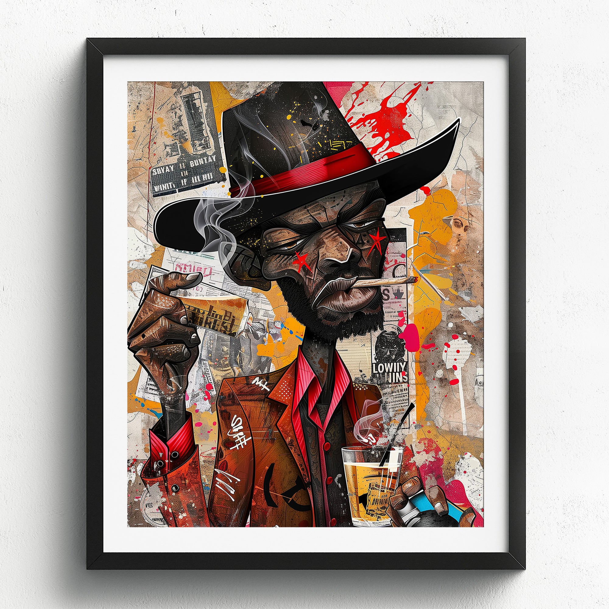 Black Cowboy Graffiti Pop Art Print featuring an African American cowboy in cartoon style, drinking whiskey and smoking a cigarette. Afrocentric urban Western wall art in bold graffiti-inspired colors and textures.