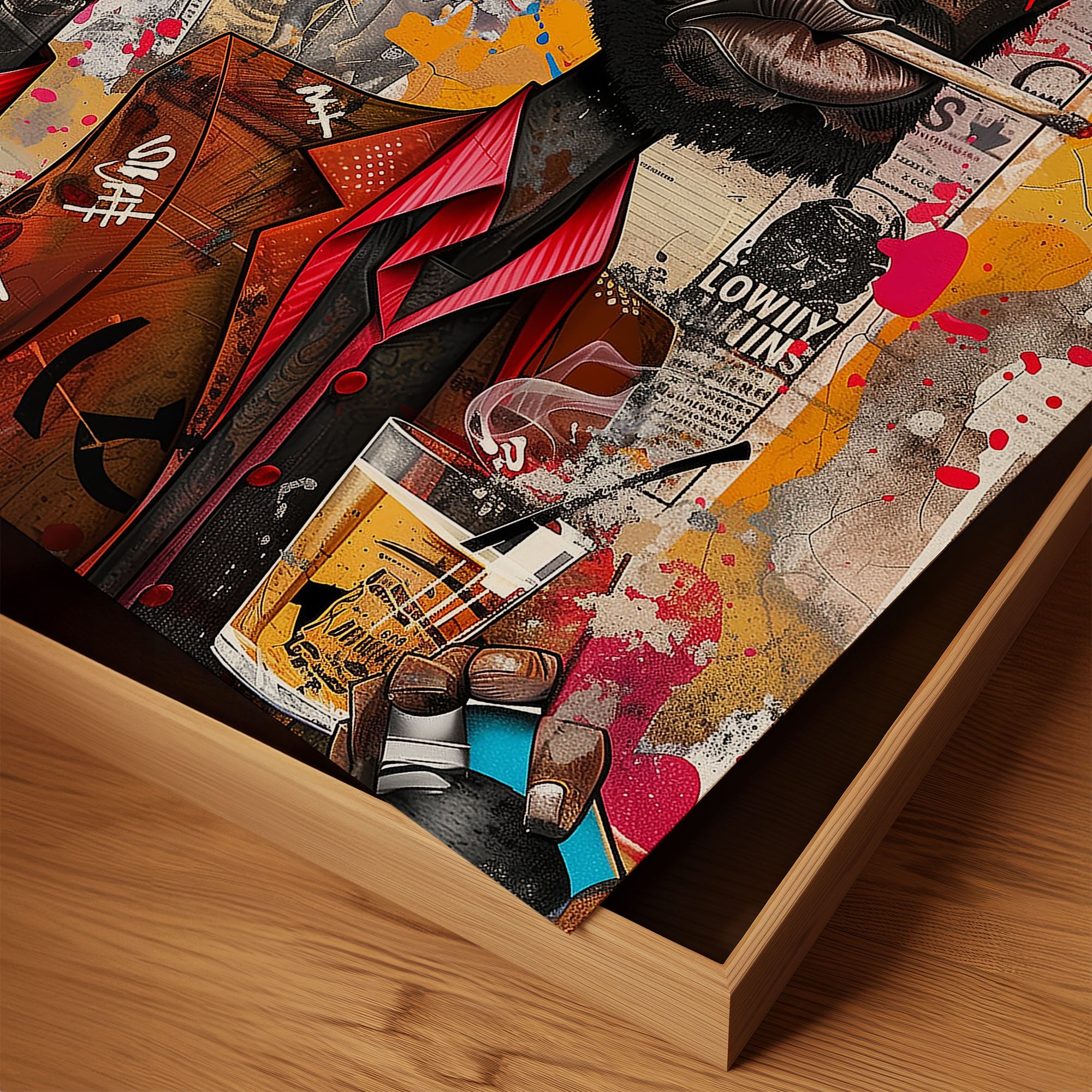 Black Cowboy Graffiti Pop Art Print featuring an African American cowboy in cartoon style, drinking whiskey and smoking a cigarette. Afrocentric urban Western wall art in bold graffiti-inspired colors and textures.