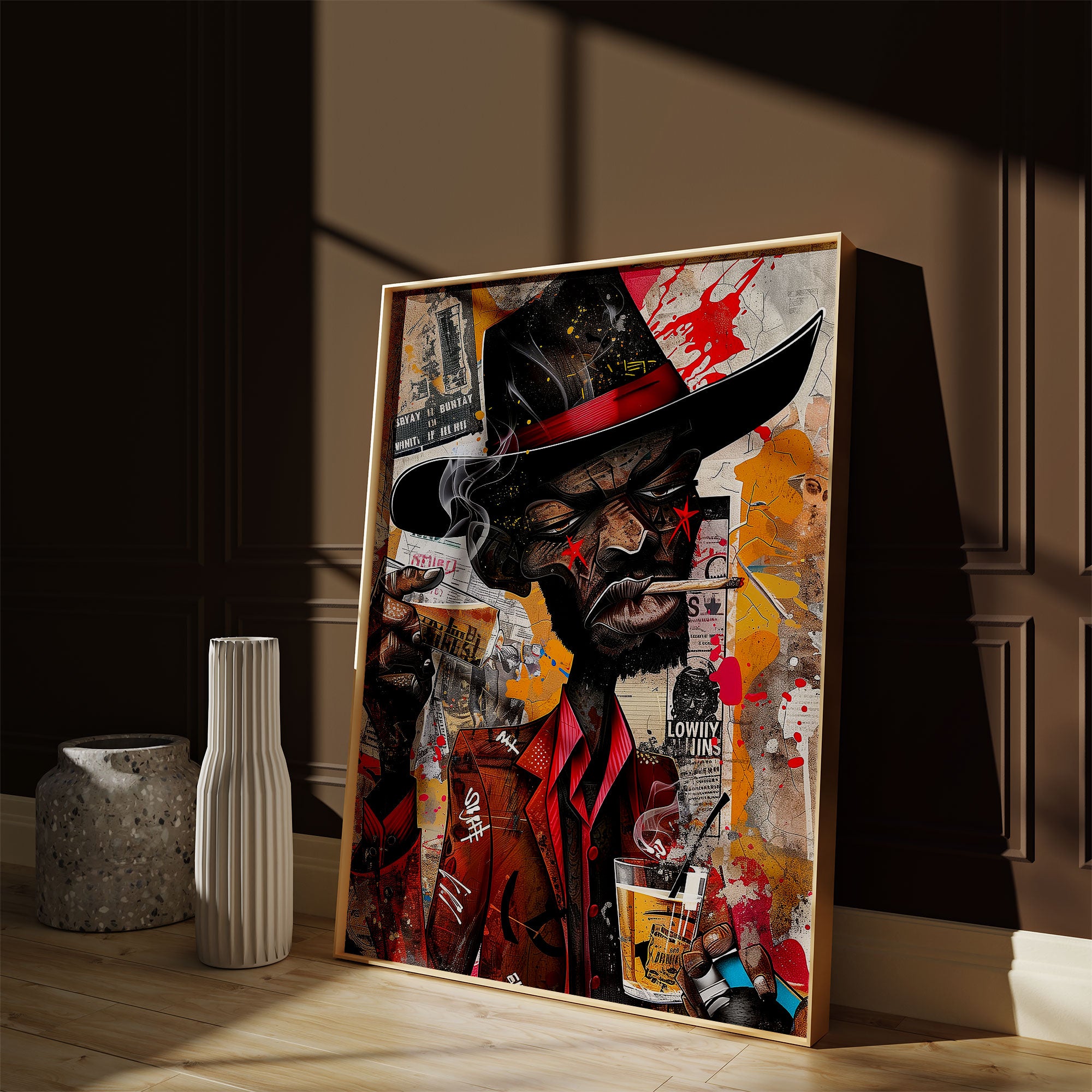 Black Cowboy Graffiti Pop Art Print featuring an African American cowboy in cartoon style, drinking whiskey and smoking a cigarette. Afrocentric urban Western wall art in bold graffiti-inspired colors and textures.