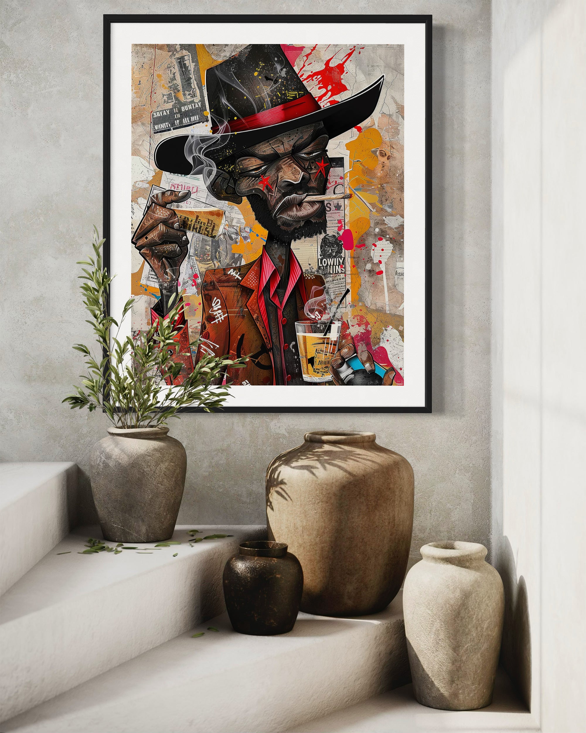 Black Cowboy Graffiti Pop Art Print featuring an African American cowboy in cartoon style, drinking whiskey and smoking a cigarette. Afrocentric urban Western wall art in bold graffiti-inspired colors and textures.