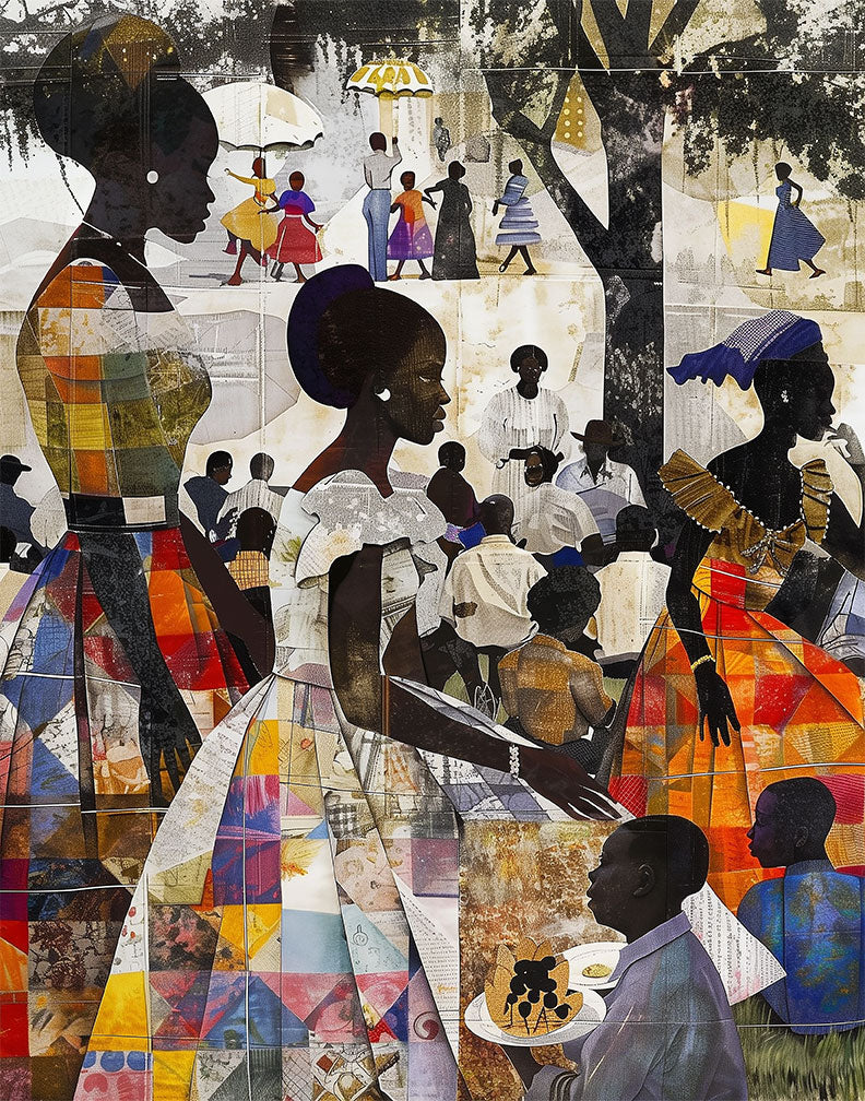 African American Women and Kids Family Outdoor Picnic Art Print, Afrocentric wall decor featuring a joyful family reunion scene in the park. Patchwork quilt style.