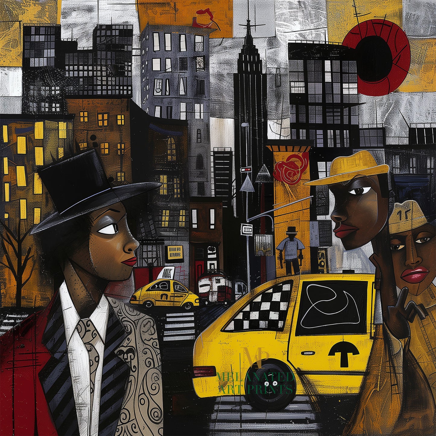 Graffiti-style abstract art print featuring iconic yellow cabs driving through the streets of Harlem, New York City. The gritty urban landscape includes textured buildings and dynamic street elements, capturing the bold energy of NYC in a modern cityscape wall art design.