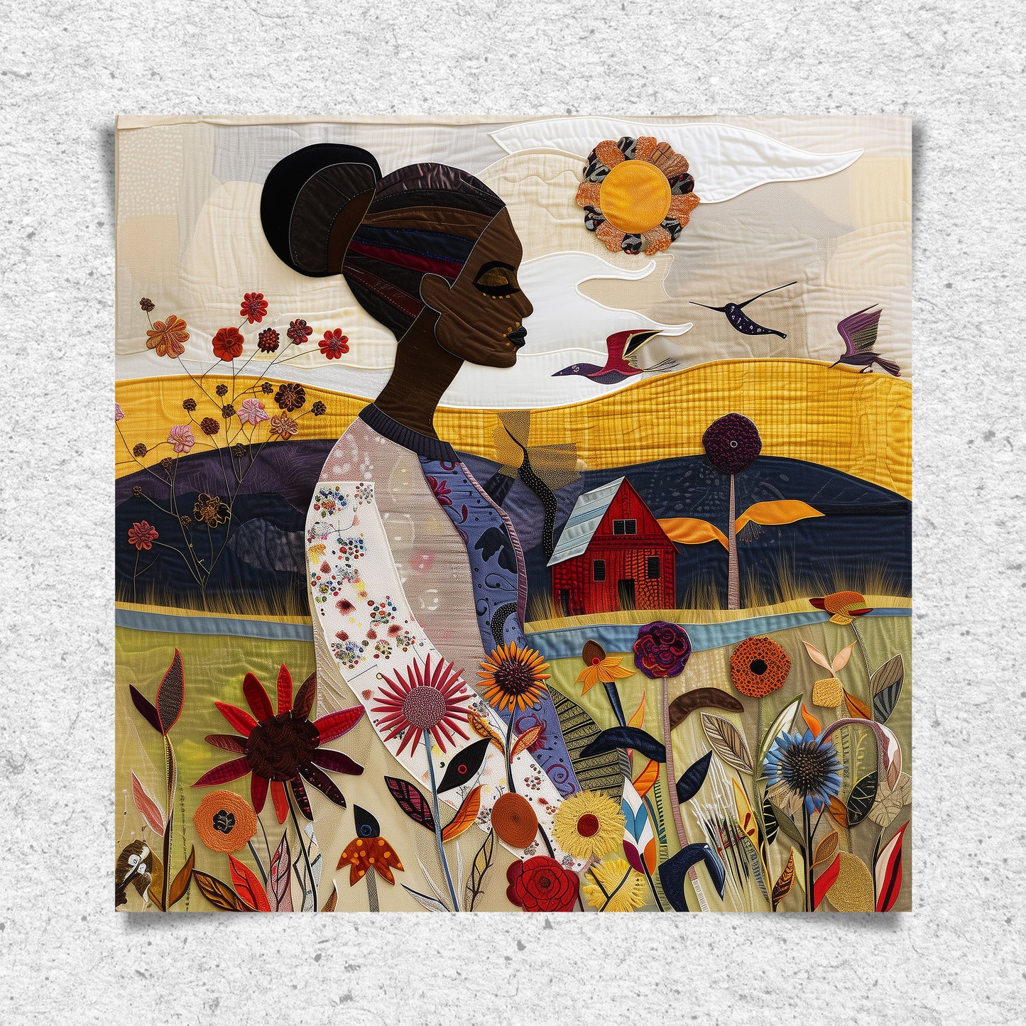 Art print featuring an African American woman in a vibrant garden surrounded by bold, colorful wildflowers. Inspired by quilt patterns and nature scenes, this piece celebrates Black femininity, gardening, and Afrocentric beauty.
