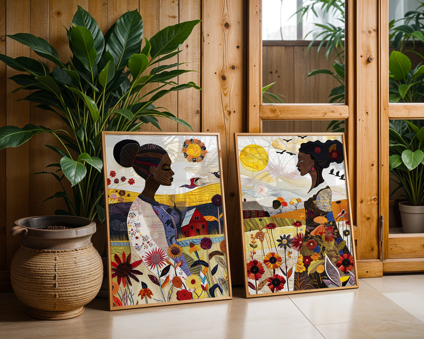 Art print featuring an African American woman in a vibrant garden surrounded by bold, colorful wildflowers. Inspired by quilt patterns and nature scenes, this piece celebrates Black femininity, gardening, and Afrocentric beauty.