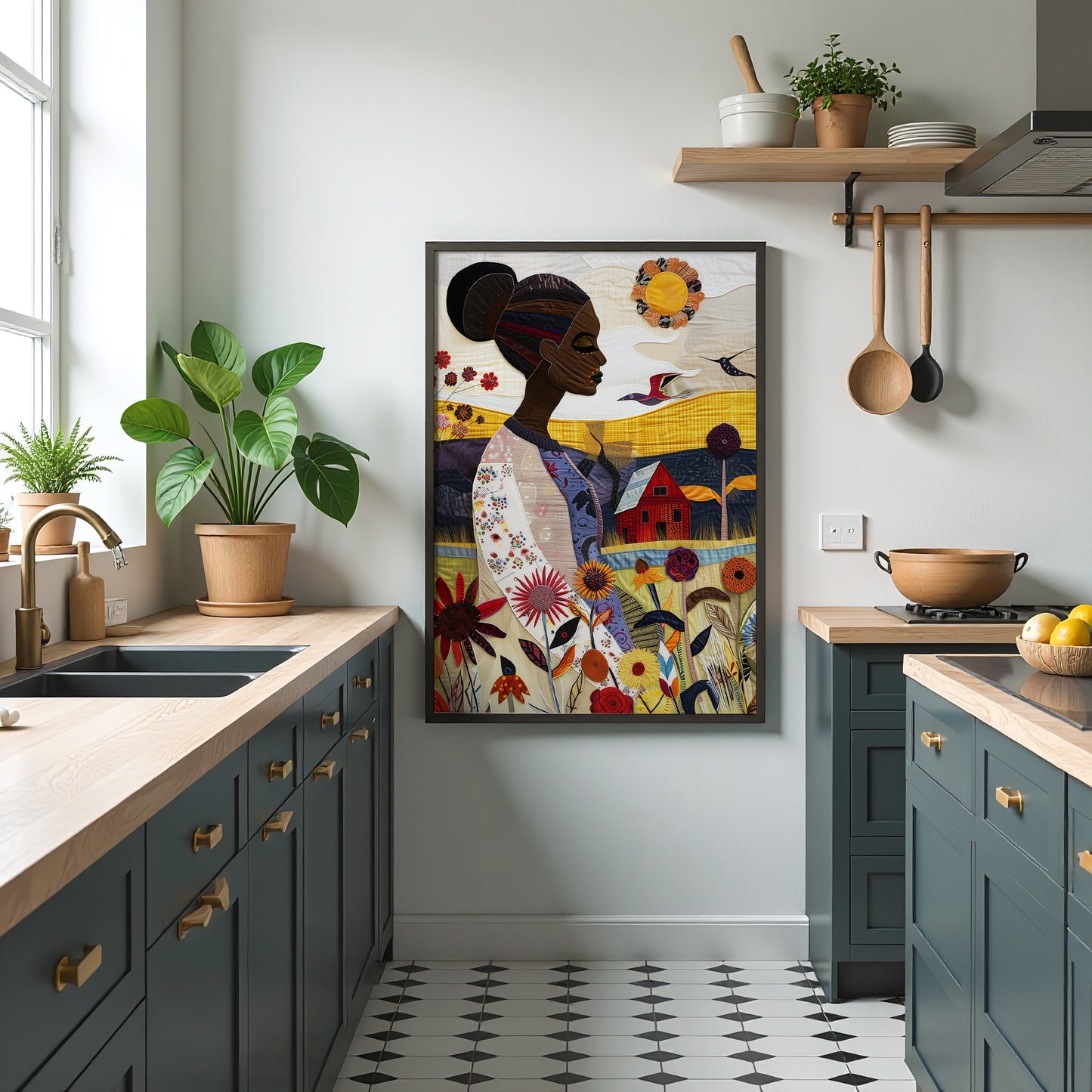 Art print featuring an African American woman in a vibrant garden surrounded by bold, colorful wildflowers. Inspired by quilt patterns and nature scenes, this piece celebrates Black femininity, gardening, and Afrocentric beauty.