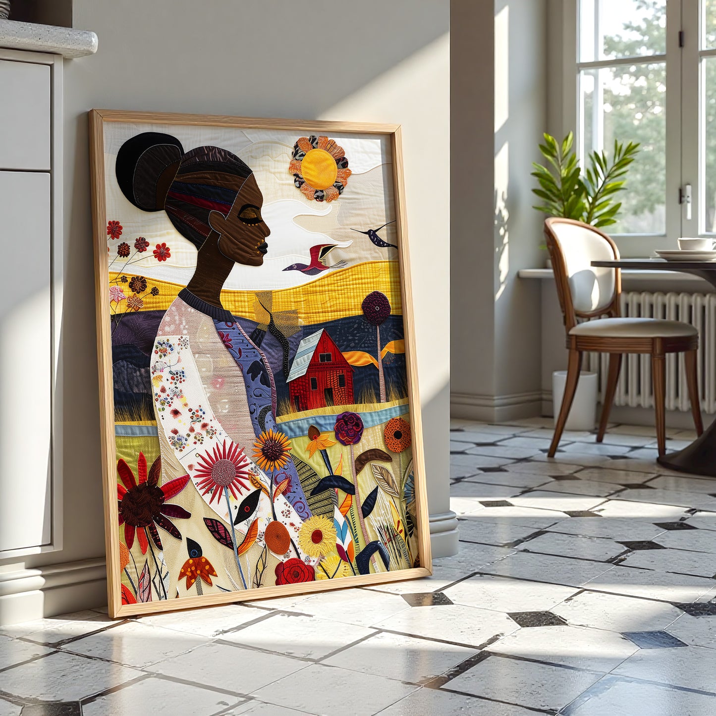 Art print featuring an African American woman in a vibrant garden surrounded by bold, colorful wildflowers. Inspired by quilt patterns and nature scenes, this piece celebrates Black femininity, gardening, and Afrocentric beauty.