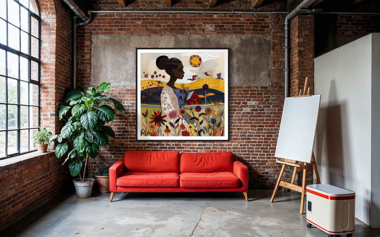 Art print featuring an African American woman in a vibrant garden surrounded by bold, colorful wildflowers. Inspired by quilt patterns and nature scenes, this piece celebrates Black femininity, gardening, and Afrocentric beauty.
