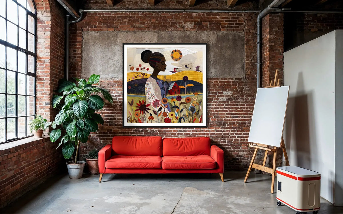 Art print featuring an African American woman in a vibrant garden surrounded by bold, colorful wildflowers. Inspired by quilt patterns and nature scenes, this piece celebrates Black femininity, gardening, and Afrocentric beauty.
