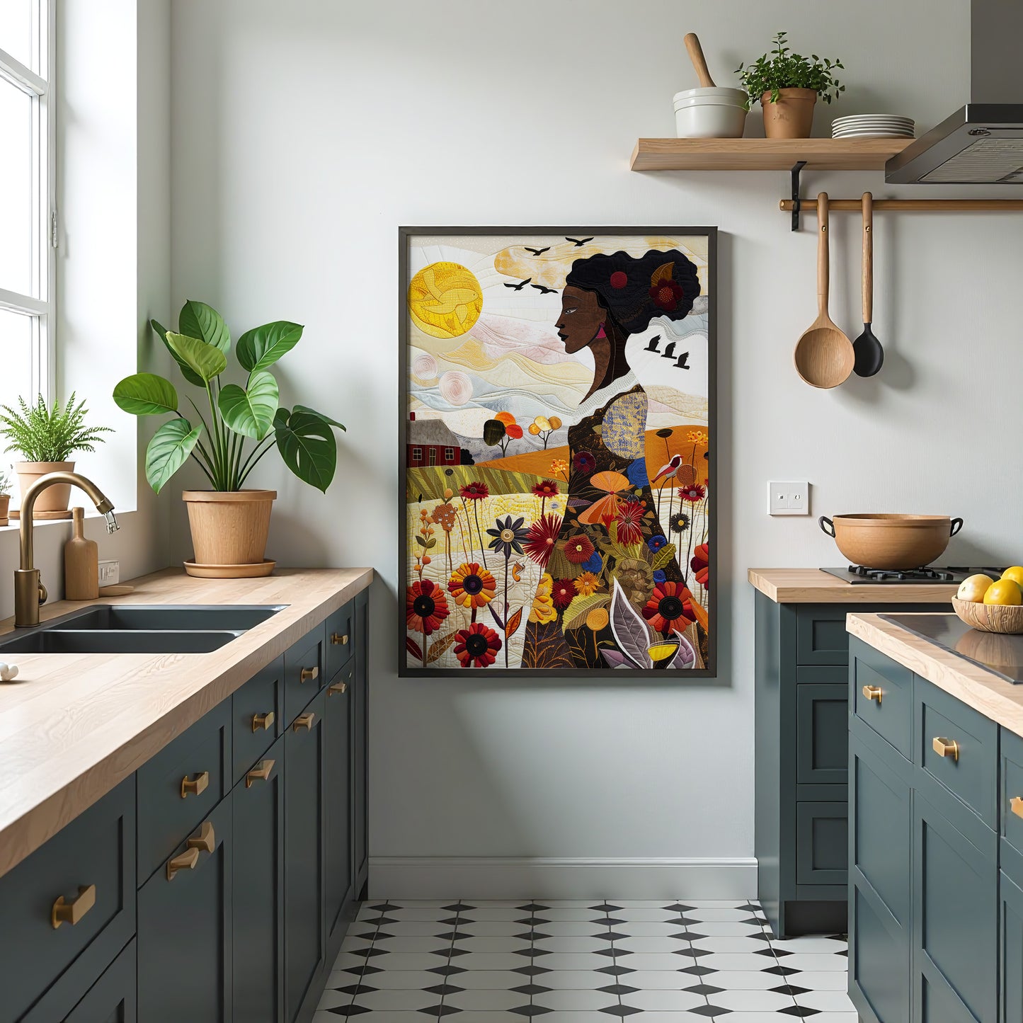 Art print featuring an African American woman in a vibrant garden surrounded by bold, colorful wildflowers. Inspired by quilt patterns and nature scenes, this piece celebrates Black femininity, gardening, and Afrocentric beauty.