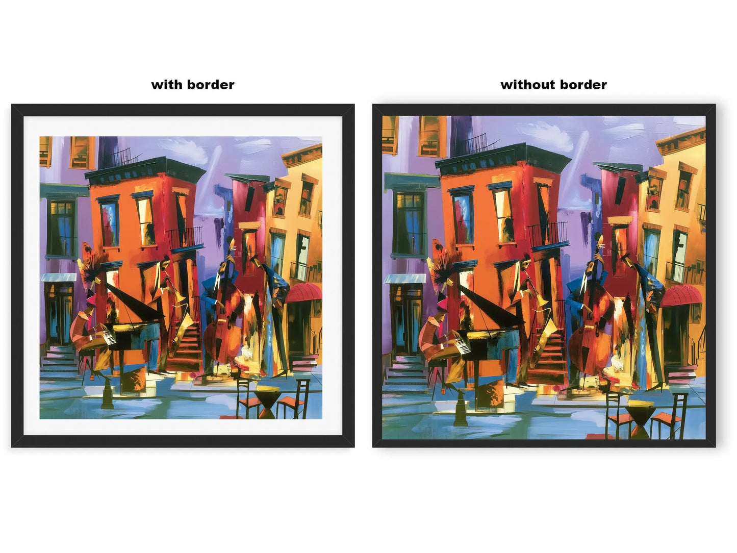 Comparison showing the same Harlem Jazz Musicians art print displayed in a frame with a white mat border versus a full-bleed print extending to the edges of the frame.