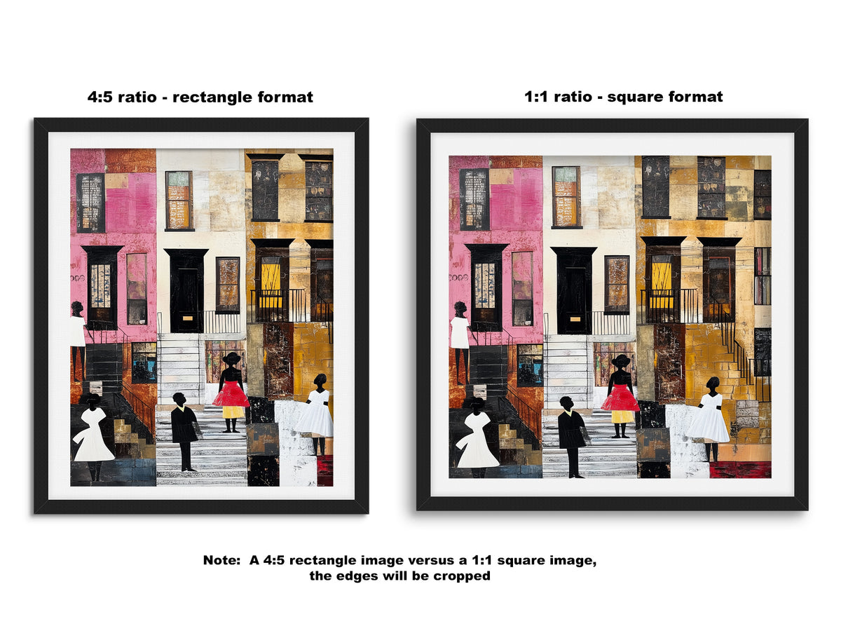Two framed art prints showing the same stylized city building scene in different aspect ratios, labeled 4:5 ratio - rectangle format and 1:1 ratio - square format, on a white background with explanatory text.