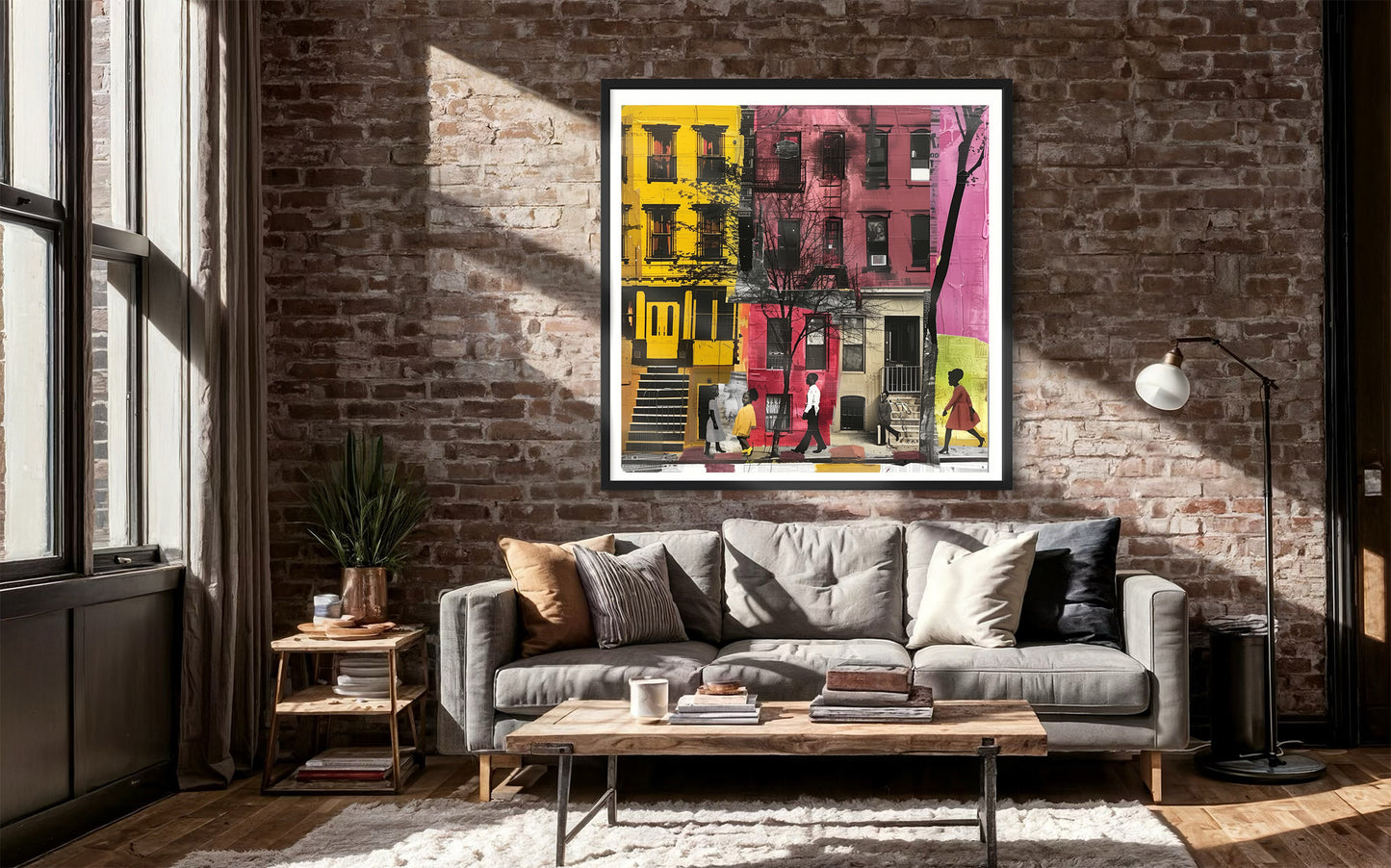 Abstract Afrocentric art of a Black man and woman taking a quiet stroll past historic Harlem brownstones. The scene highlights a sunny stoop and captures the peaceful rhythm of neighborhood life, evoking warmth, heritage, and cultural pride.