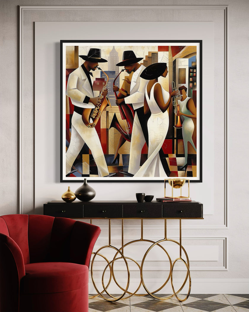 Harlem Renaissance Jazz Musicians Art Print featuring African American performers in a Bauhaus-inspired abstract Afrocentric design. Vibrant wall art celebrating Harlem’s music culture and artistic heritage.