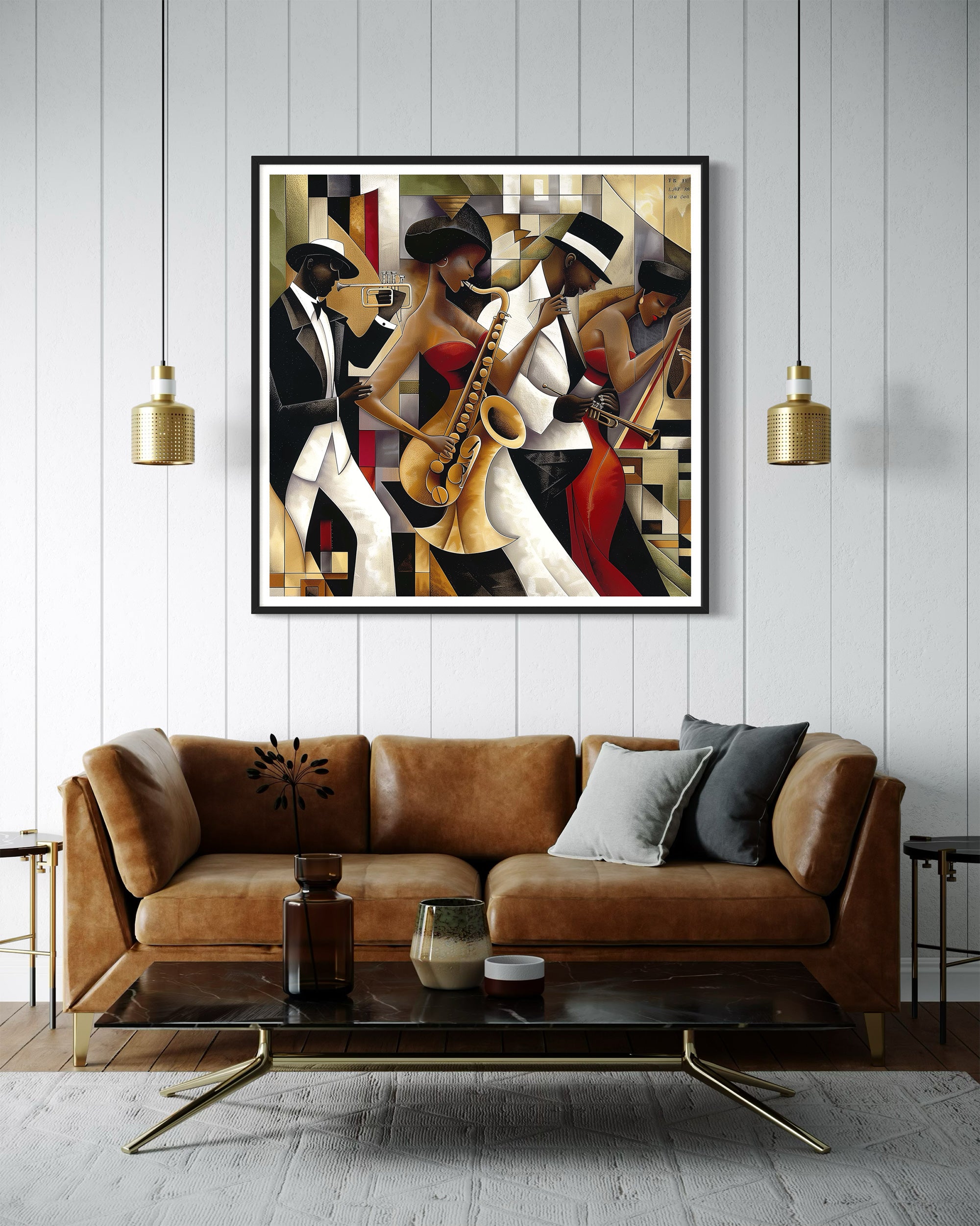 Jazz Musicians Art Print featuring African American performers in an abstract Bauhaus-inspired Afrocentric style. Vibrant Harlem Renaissance wall art celebrating music, culture, and artistic expression.