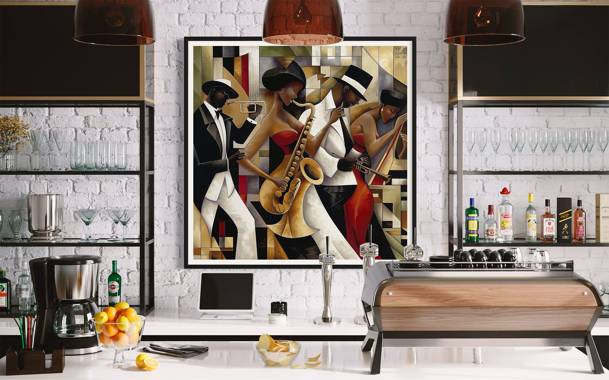Jazz Musicians Art Print featuring African American performers in an abstract Bauhaus-inspired Afrocentric style. Vibrant Harlem Renaissance wall art celebrating music, culture, and artistic expression.