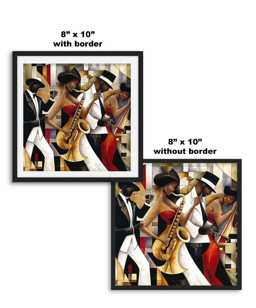 Jazz Musicians Art Print featuring African American performers in an abstract Bauhaus-inspired Afrocentric style. Vibrant Harlem Renaissance wall art celebrating music, culture, and artistic expression.