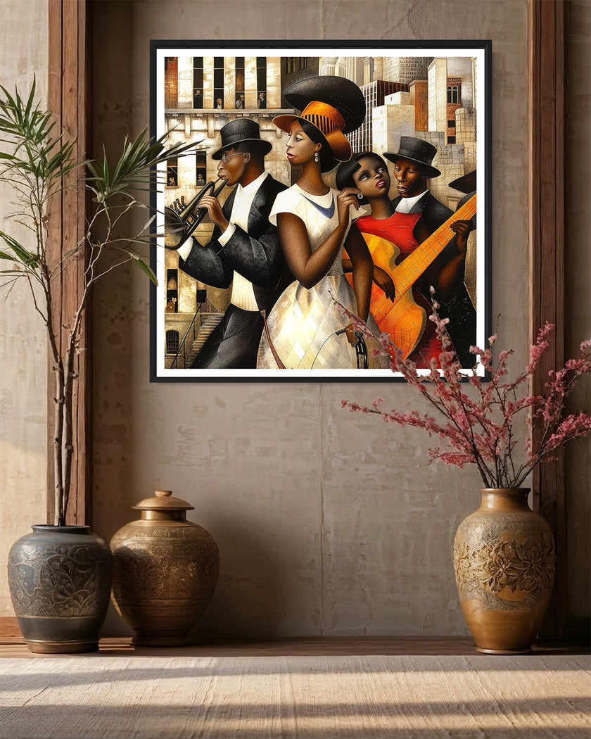 Harlem Renaissance Jazz Musicians Art Print featuring African American performers in a Bauhaus-inspired abstract Afrocentric design. Vibrant wall art celebrating Harlem’s music culture and artistic heritage.