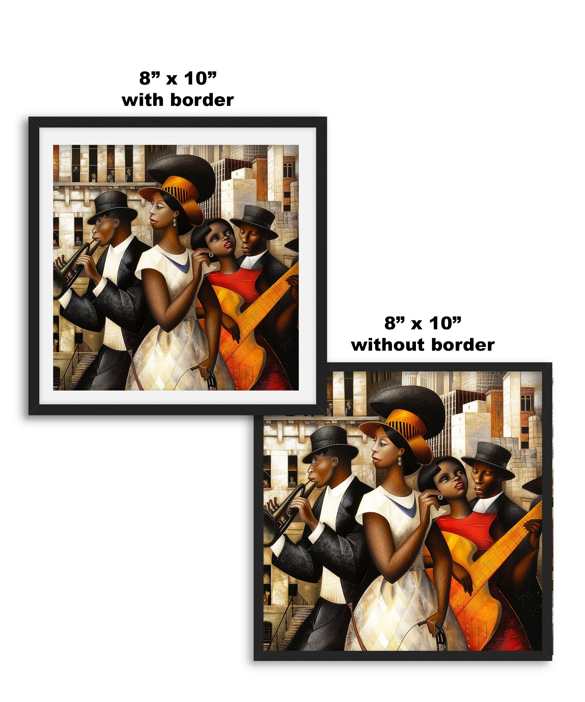 Harlem Renaissance Jazz Musicians Art Print featuring African American performers in a Bauhaus-inspired abstract Afrocentric design. Vibrant wall art celebrating Harlem’s music culture and artistic heritage.