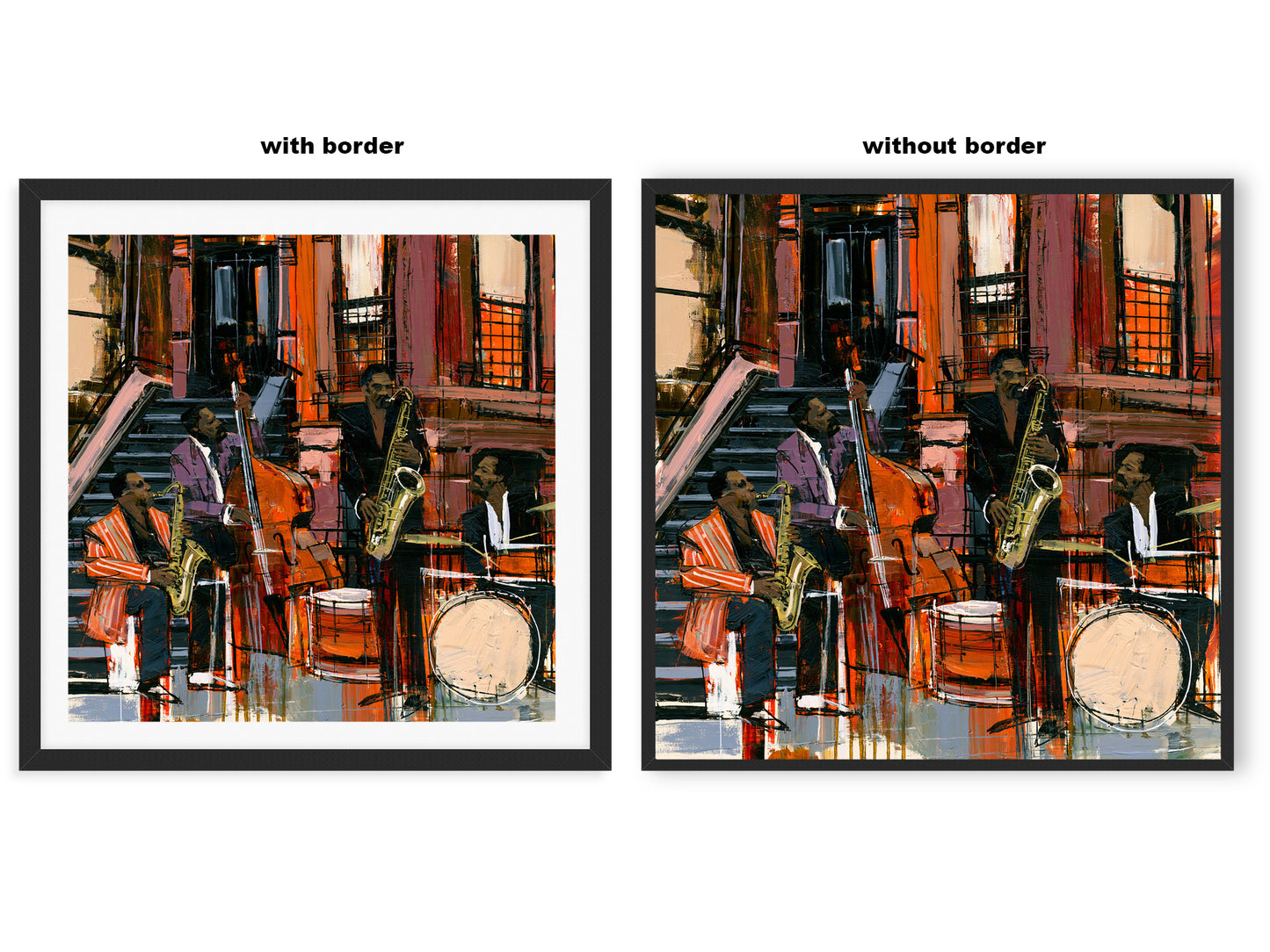 Comparison view featuring the framed art print displayed with a white border versus the full artwork extending to the edges of the frame.