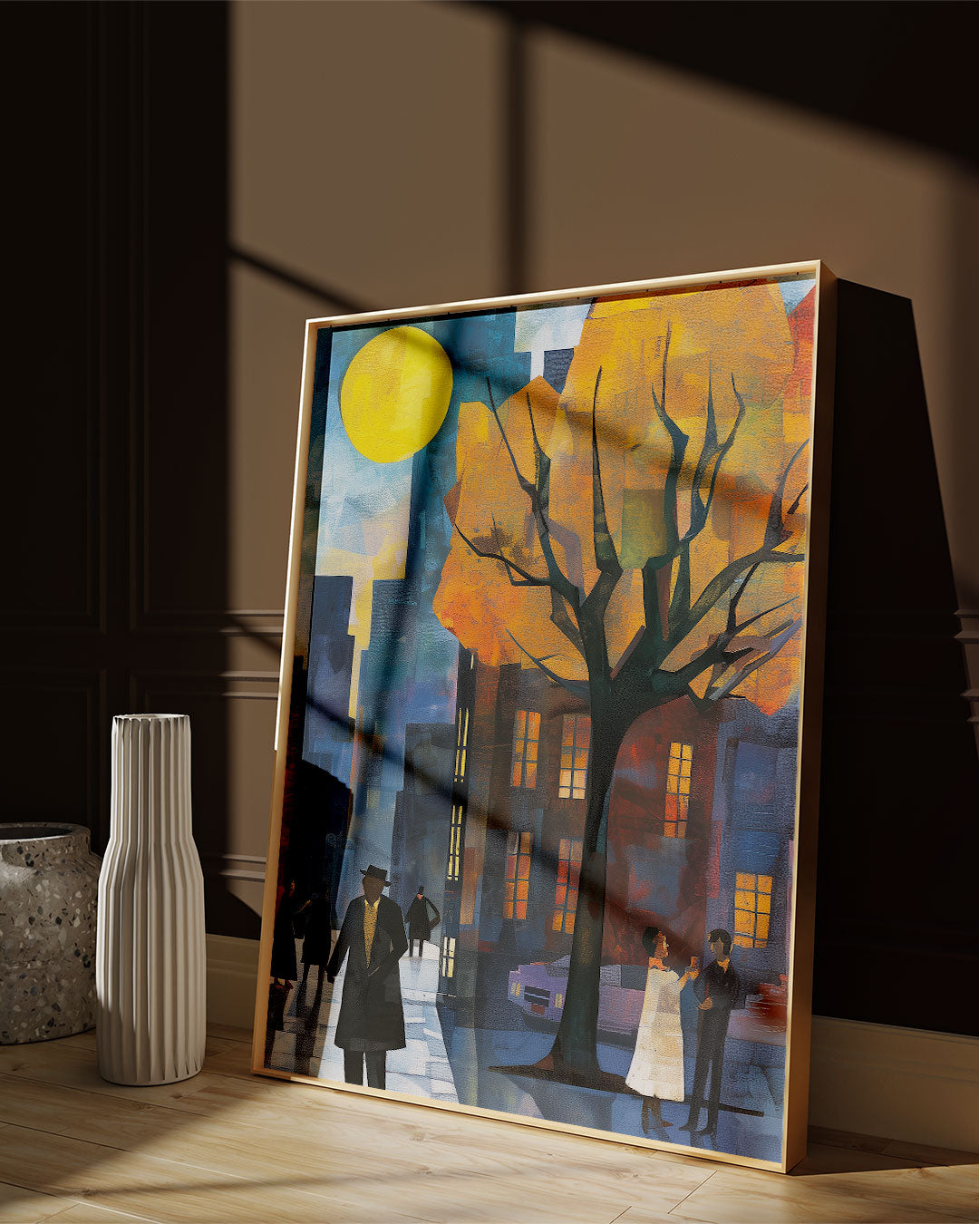Afrocentric art print of Harlem street life at night, featuring abstract silhouettes of people mingling and socializing under a glowing full yellow moon. Vibrant digital artwork capturing the culture, energy, and lifestyle of the Harlem neighborhood.