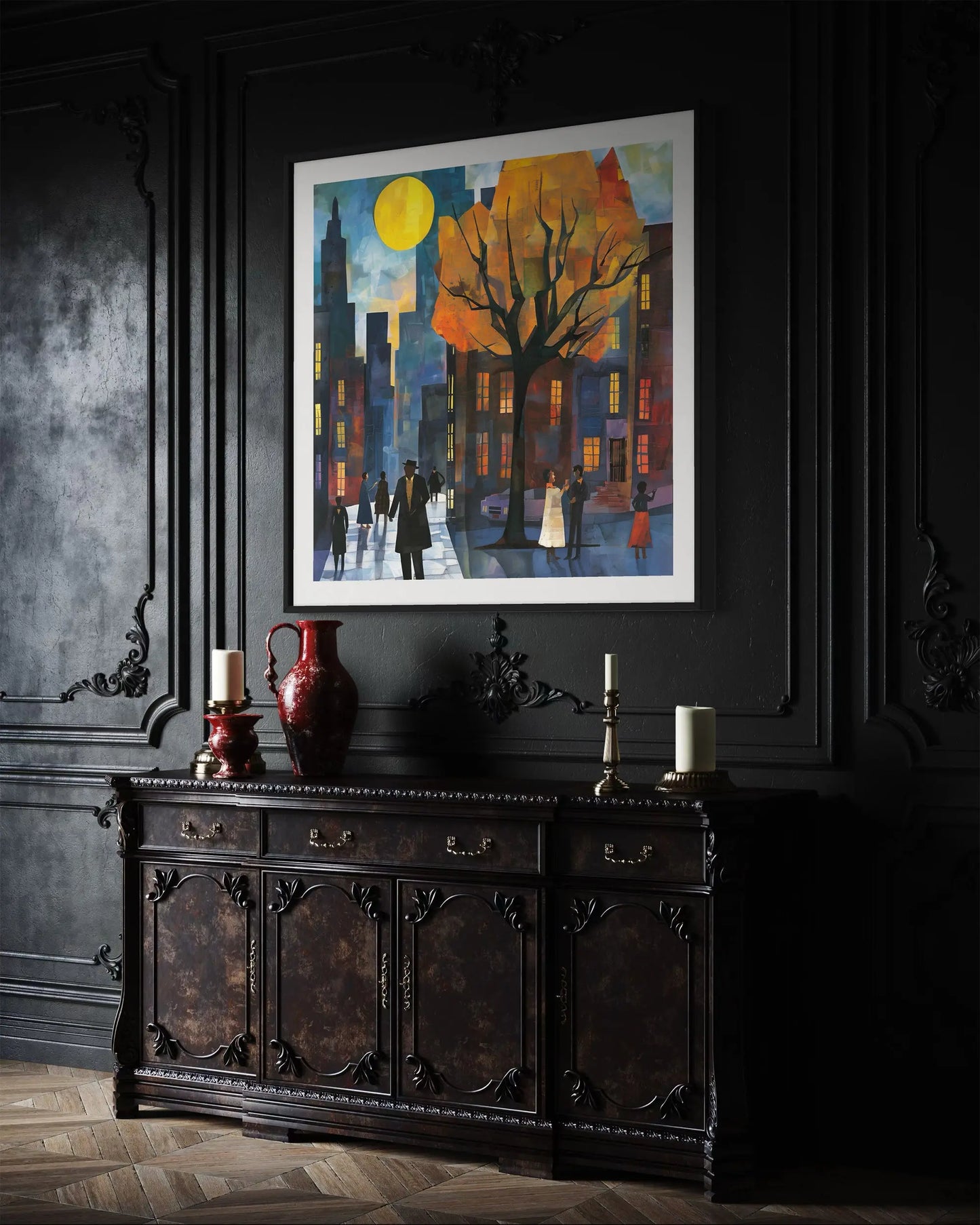 Afrocentric art print of Harlem street life at night, featuring abstract silhouettes of people mingling and socializing under a glowing full yellow moon. Vibrant digital artwork capturing the culture, energy, and lifestyle of the Harlem neighborhood.