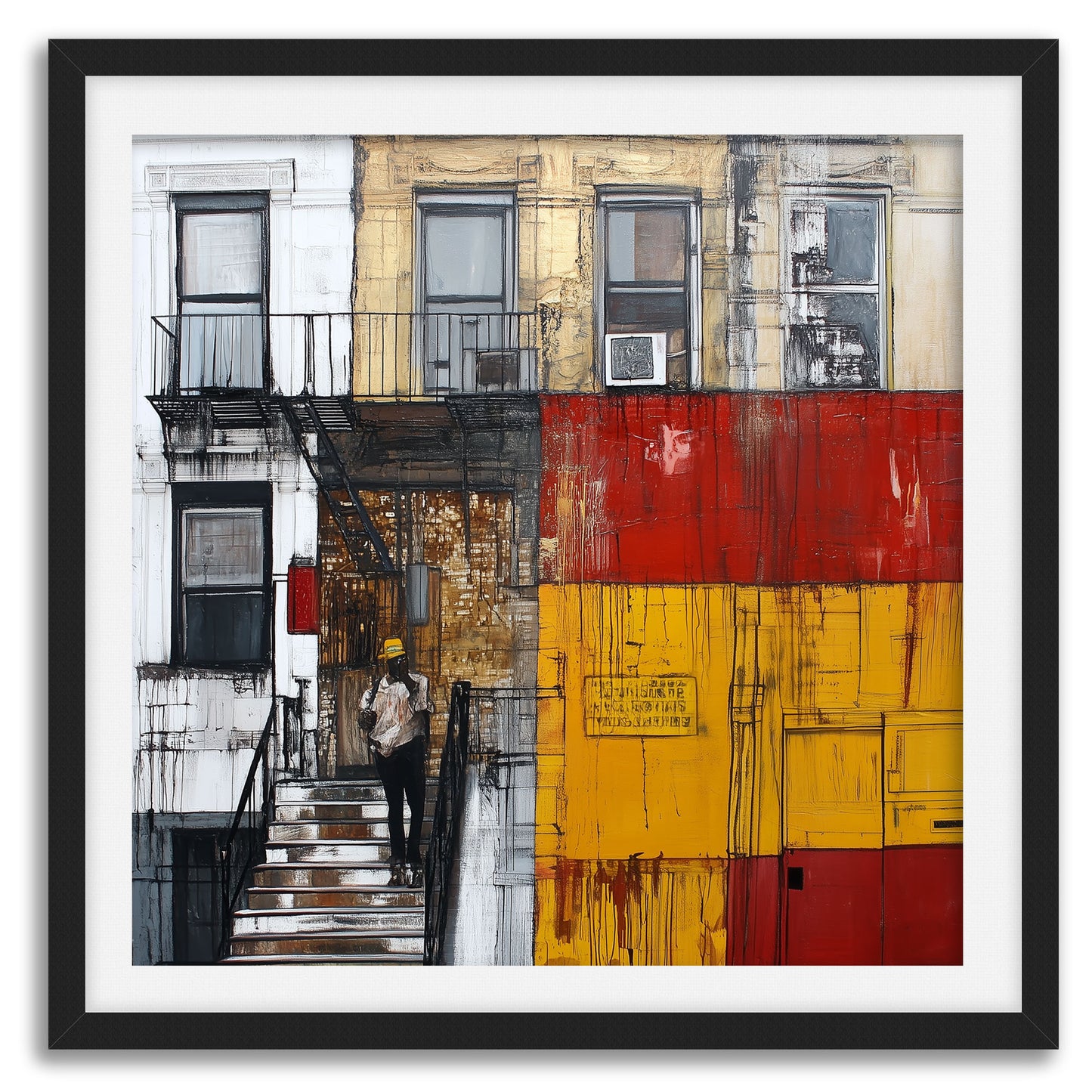 Afrocentric wall art print featuring a Black man standing on a Harlem brownstone stoop. Abstract digital artwork capturing the lifestyle, culture, and everyday street life of the Harlem neighborhood.