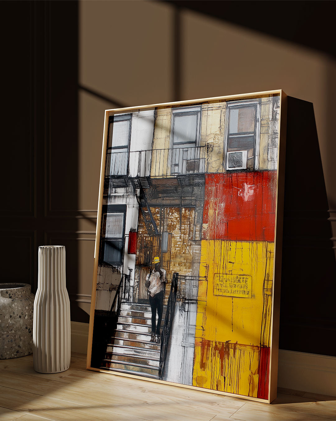 Afrocentric wall art print featuring a Black man standing on a Harlem brownstone stoop. Abstract digital artwork capturing the lifestyle, culture, and everyday street life of the Harlem neighborhood.