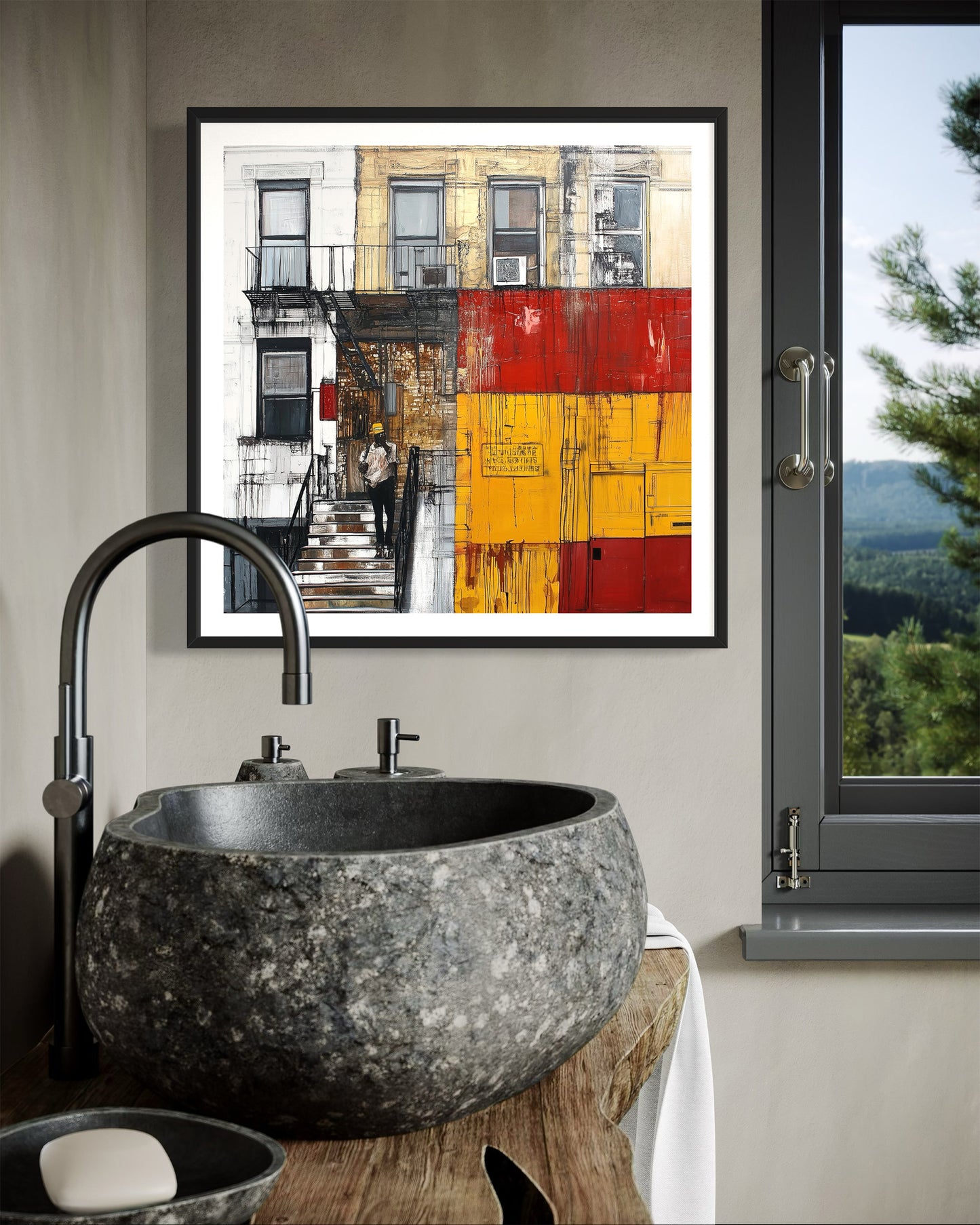 Afrocentric wall art print featuring a Black man standing on a Harlem brownstone stoop. Abstract digital artwork capturing the lifestyle, culture, and everyday street life of the Harlem neighborhood.