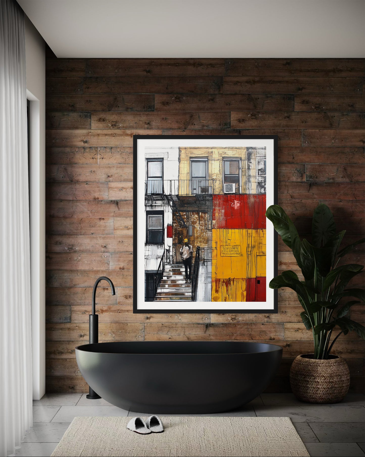 Afrocentric wall art print featuring a Black man standing on a Harlem brownstone stoop. Abstract digital artwork capturing the lifestyle, culture, and everyday street life of the Harlem neighborhood.