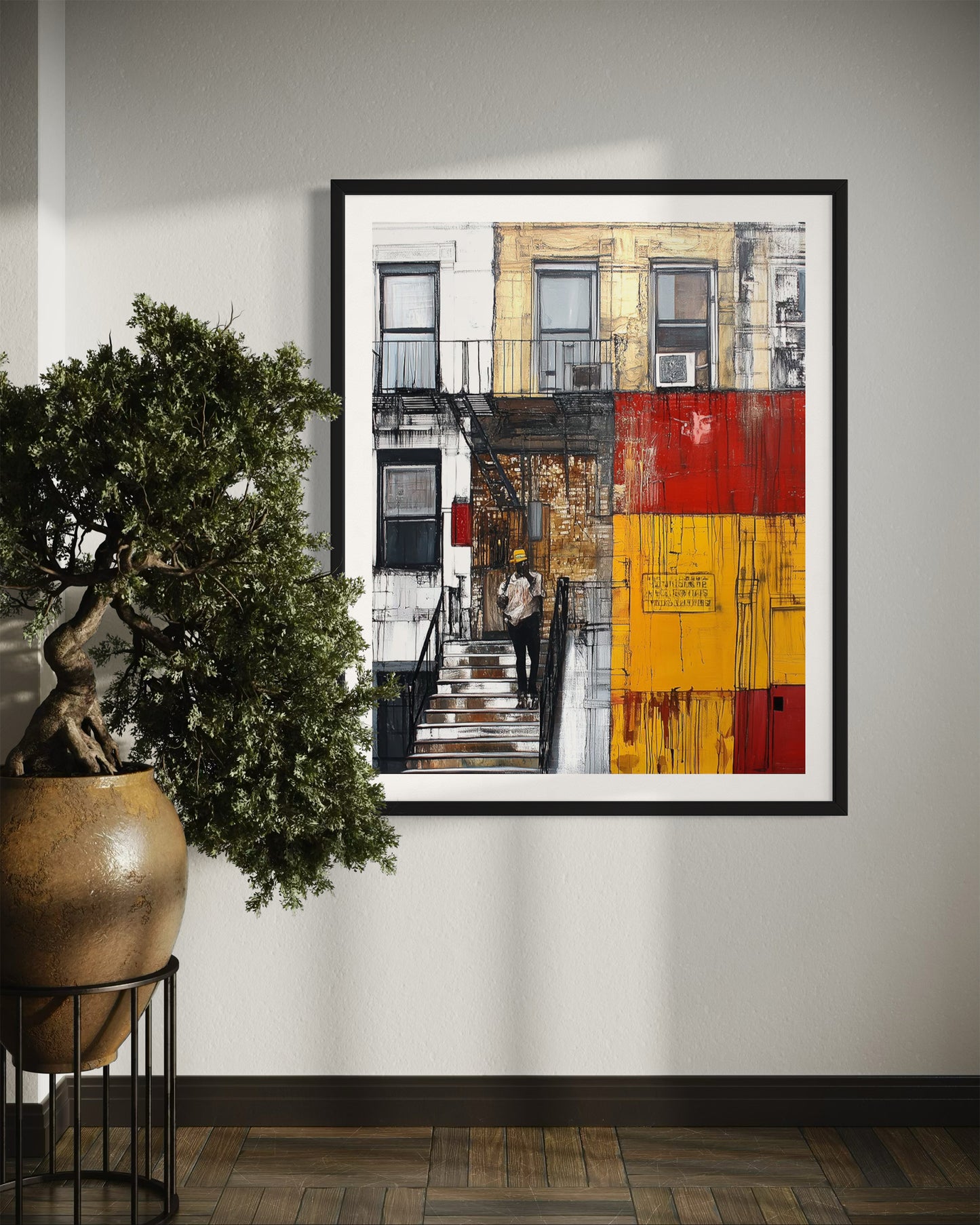 Afrocentric wall art print featuring a Black man standing on a Harlem brownstone stoop. Abstract digital artwork capturing the lifestyle, culture, and everyday street life of the Harlem neighborhood.
