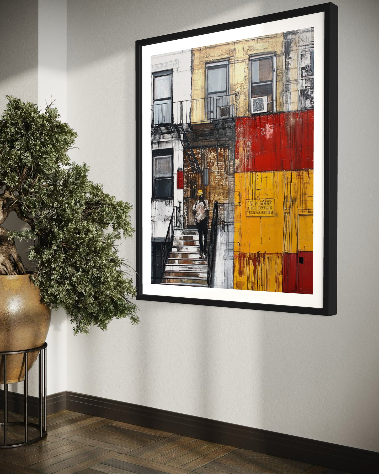 Afrocentric wall art print featuring a Black man standing on a Harlem brownstone stoop. Abstract digital artwork capturing the lifestyle, culture, and everyday street life of the Harlem neighborhood.