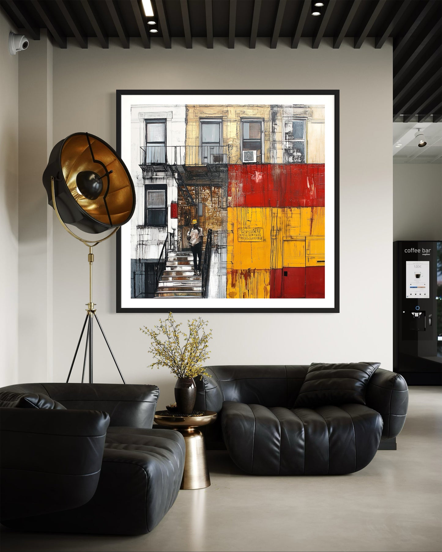 Afrocentric wall art print featuring a Black man standing on a Harlem brownstone stoop. Abstract digital artwork capturing the lifestyle, culture, and everyday street life of the Harlem neighborhood.