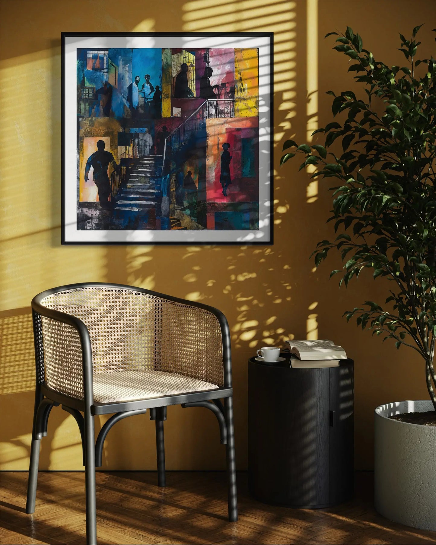 Abstract Afrocentric art print depicting Harlem street life at night with edgy textures and silhouettes. Features urban scenes from the Harlem neighborhood, highlighting the culture, energy, and lifestyle of African American community life after dark.