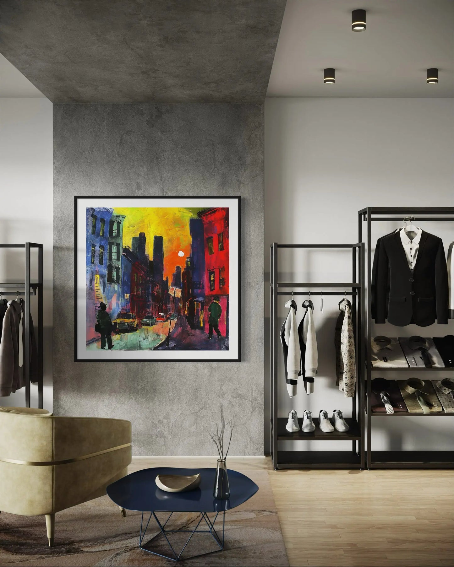 Harlem Neighborhood Night Scene Art Print featuring an Afrocentric abstract depiction of Harlem city life after dark with bold colors, glowing windows, and silhouettes that celebrate African American culture and urban nightlife.