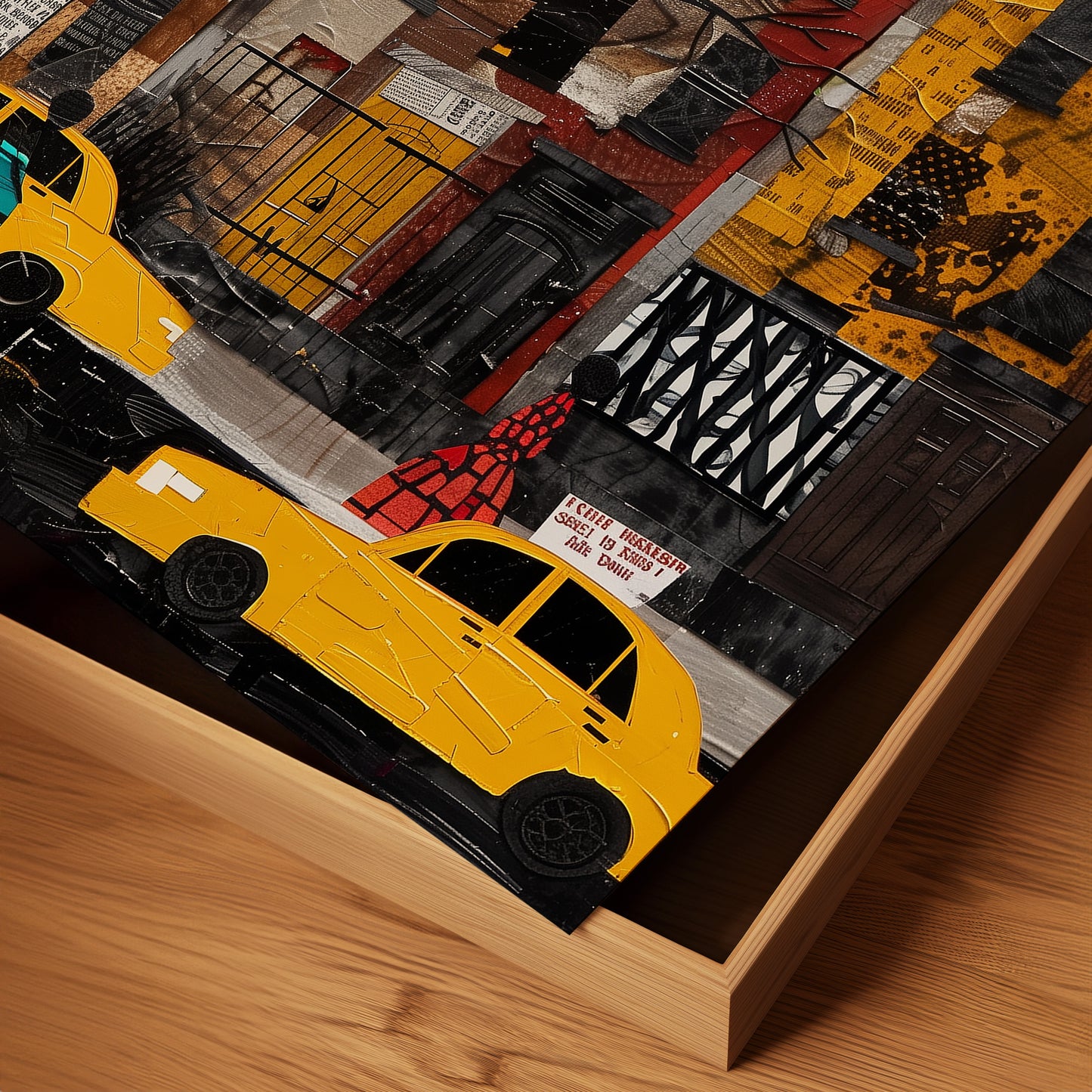 Harlem Yellow Cabs Art Print featuring an Afrocentric abstract collage of Harlem street life with yellow taxis, Black silhouette figures, and vibrant New York City scenery celebrating African American culture.