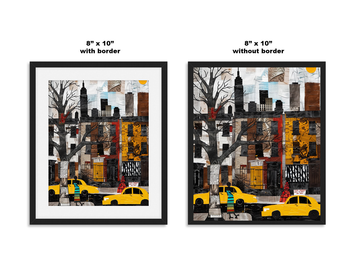 Harlem Yellow Cabs Art Print featuring an Afrocentric abstract collage of Harlem street life with yellow taxis, Black silhouette figures, and vibrant New York City scenery celebrating African American culture.