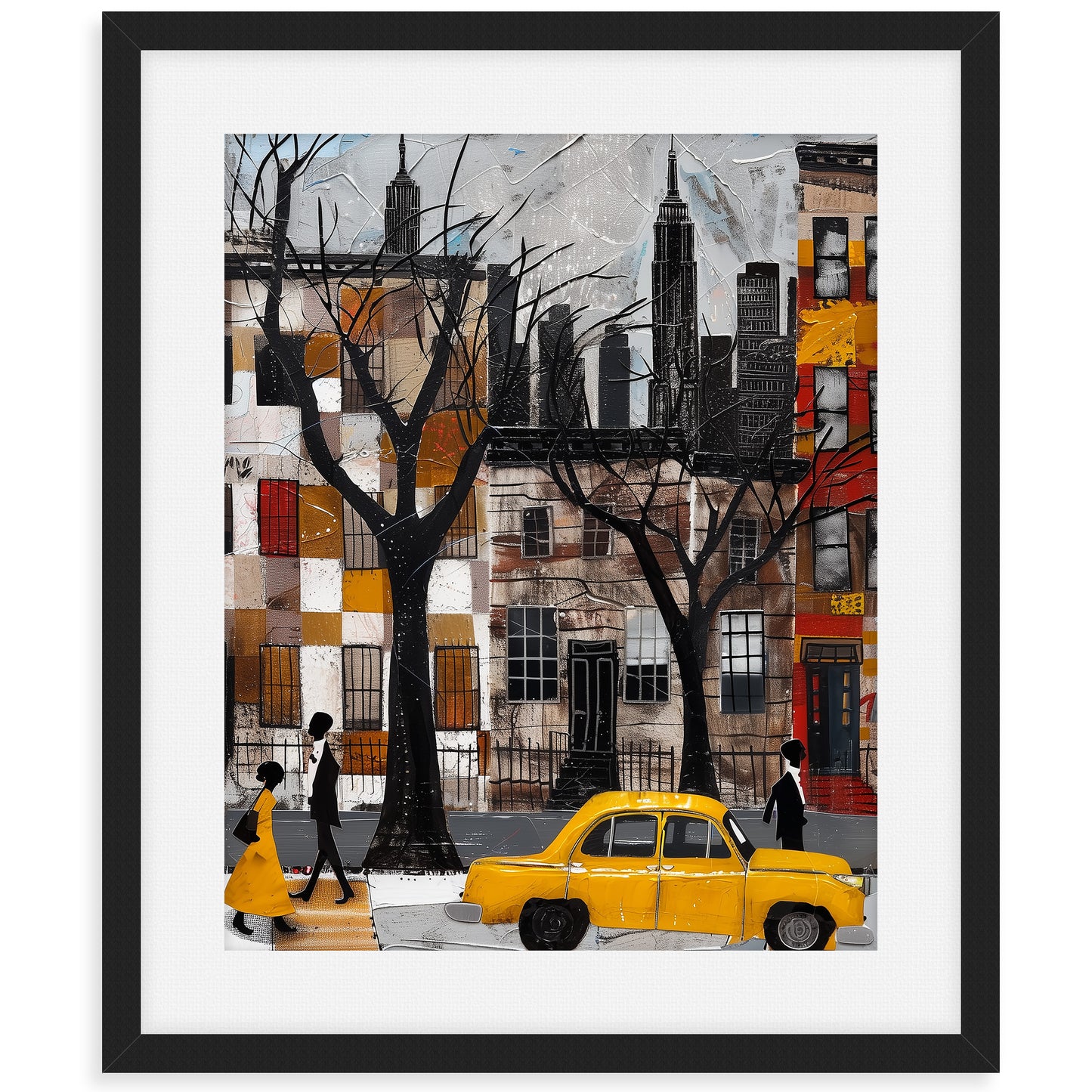 Harlem Yellow Cabs Art Print featuring an Afrocentric abstract collage of Harlem street life with yellow taxis, Black silhouette figures, and vibrant New York City scenery celebrating African American culture.