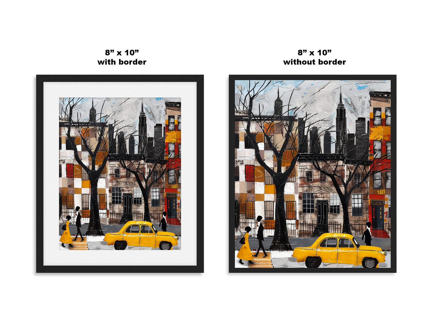 Harlem Yellow Cabs Art Print featuring an Afrocentric abstract collage of Harlem street life with yellow taxis, Black silhouette figures, and vibrant New York City scenery celebrating African American culture.