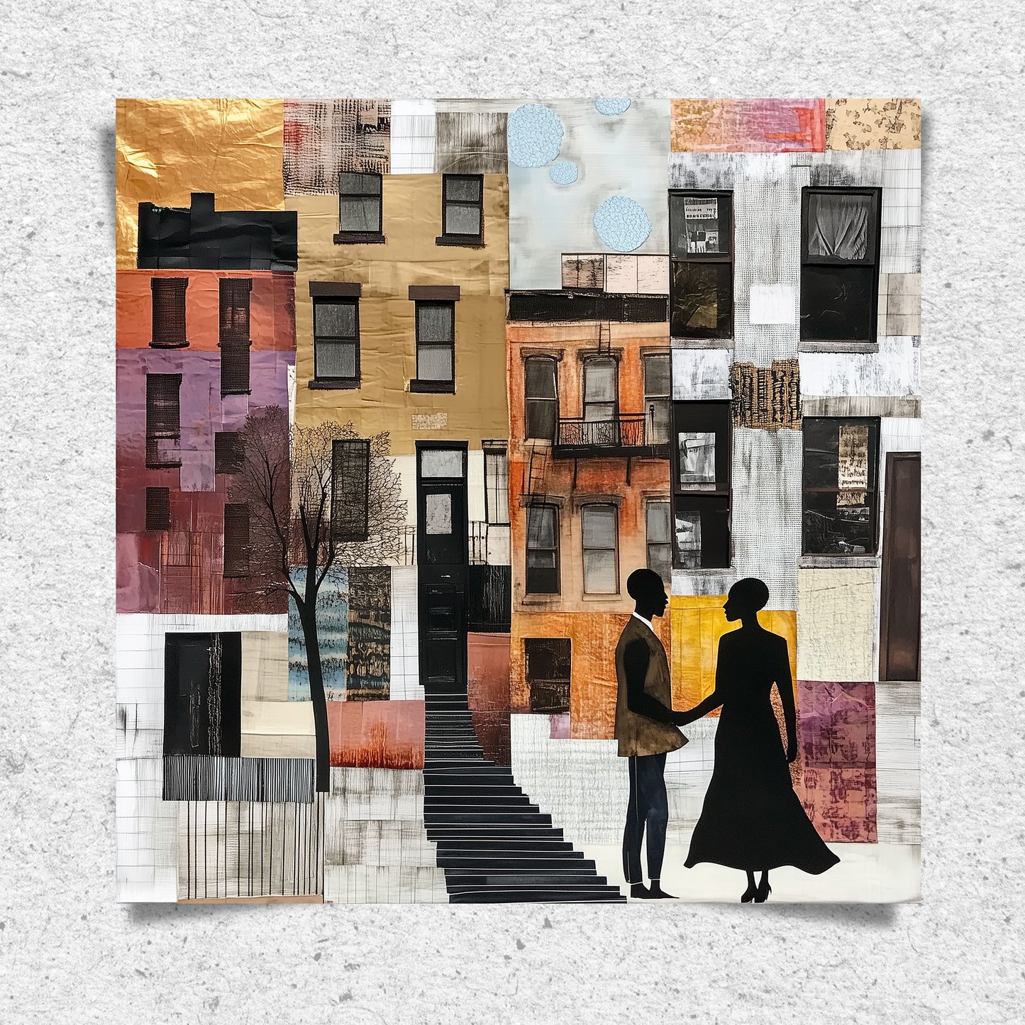 Illustration of a Black couple standing in front of historic Harlem brownstones. The focus is on the stoop stairs, symbolizing community life. The Black man gently takes his girlfriend’s hand, beginning a heartfelt marriage proposal. The scene reflects Black love, romance, and the cultural richness of Harlem.